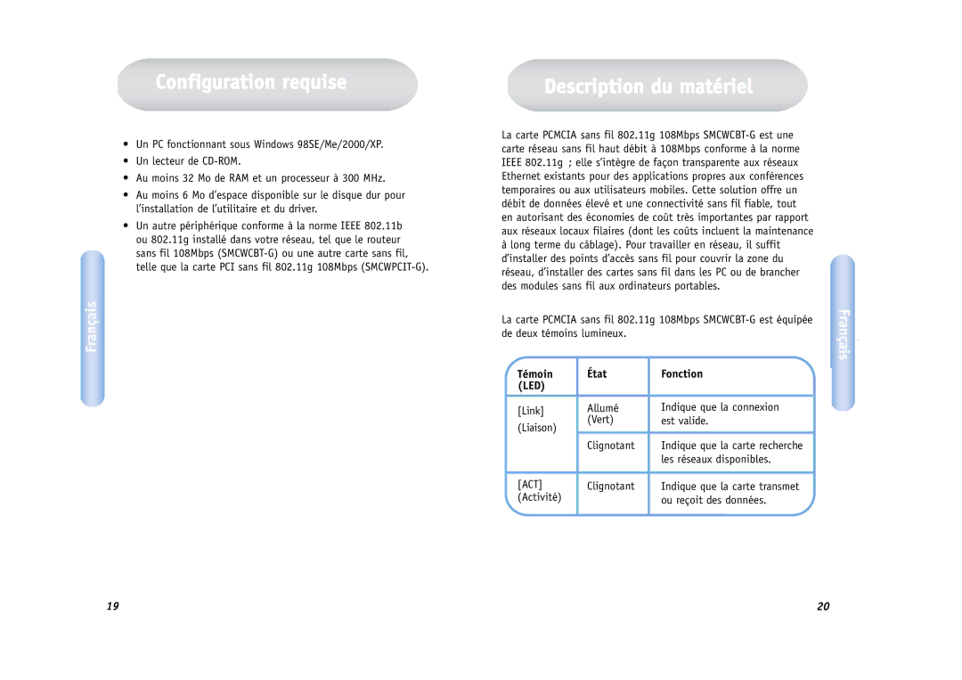 SMC Networks SMCWCBT-G manual Configuration requise, Description du matériel, Témoin État Fonction 