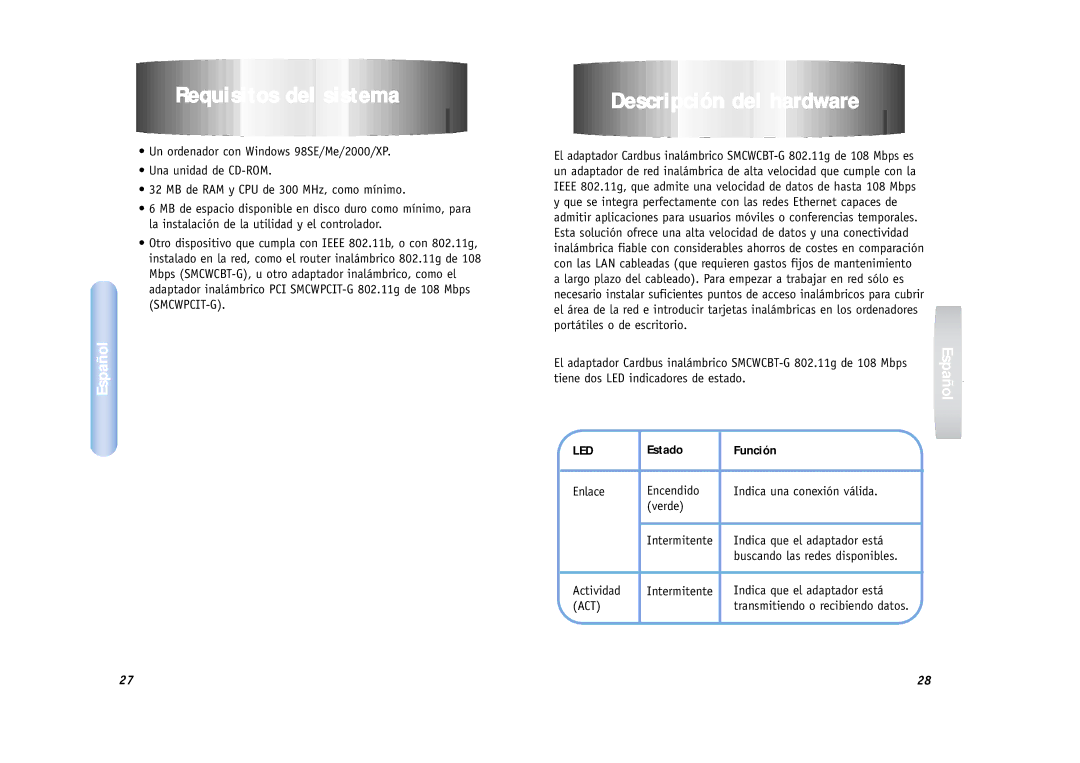 SMC Networks SMCWCBT-G manual Requisitos del sistema, Descripción del hardware, Estado Función 