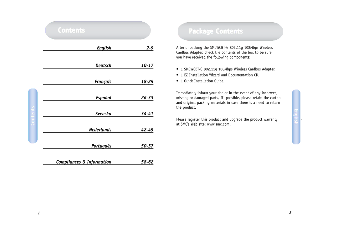 SMC Networks SMCWCBT-G manual Package Contents 