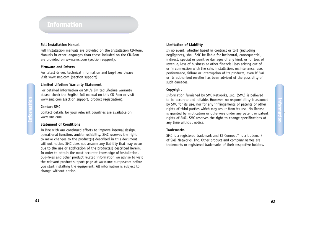 SMC Networks SMCWCBT-G manual Information, Copyright, Trademarks 