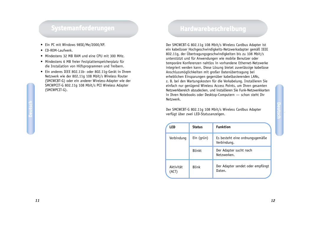 SMC Networks SMCWCBT-G manual Systemanforderungen, Hardwarebeschreibung, Status Funktion 