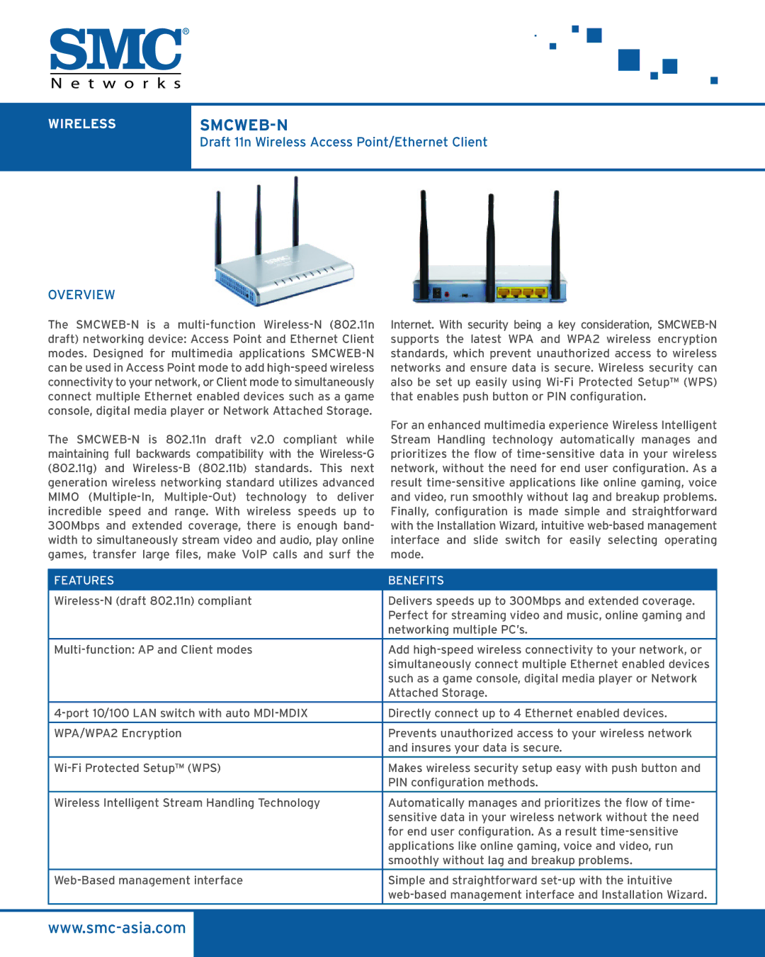 SMC Networks SMCWEB-N manual Wirelesssmcweb-N, Features Benefits 