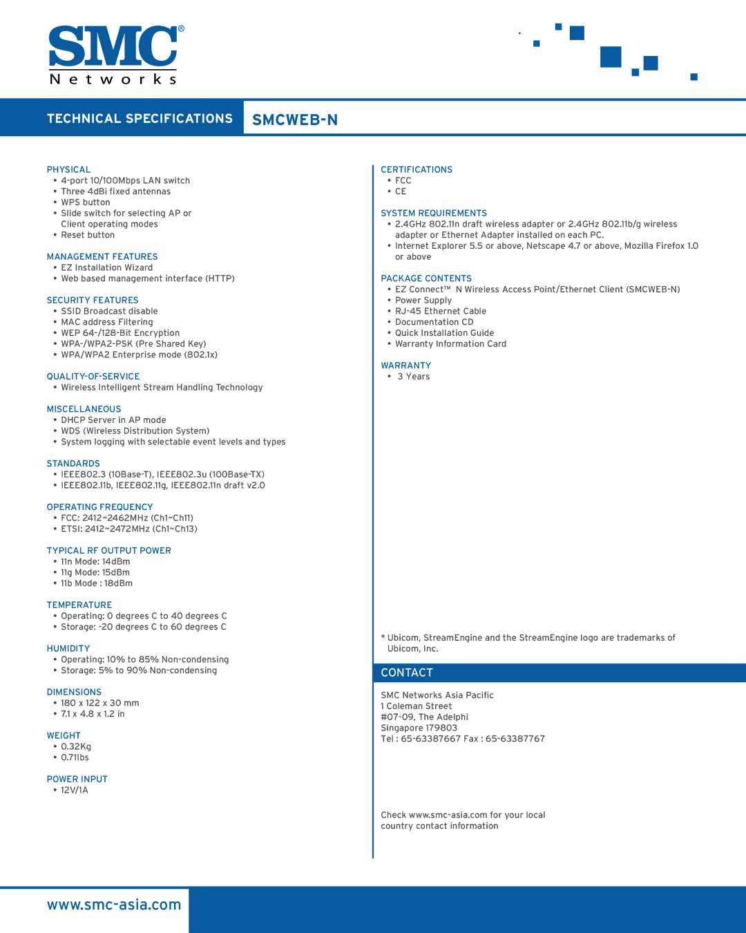 SMC Networks manual Technical Specifications SMCWEB-N, Contact 