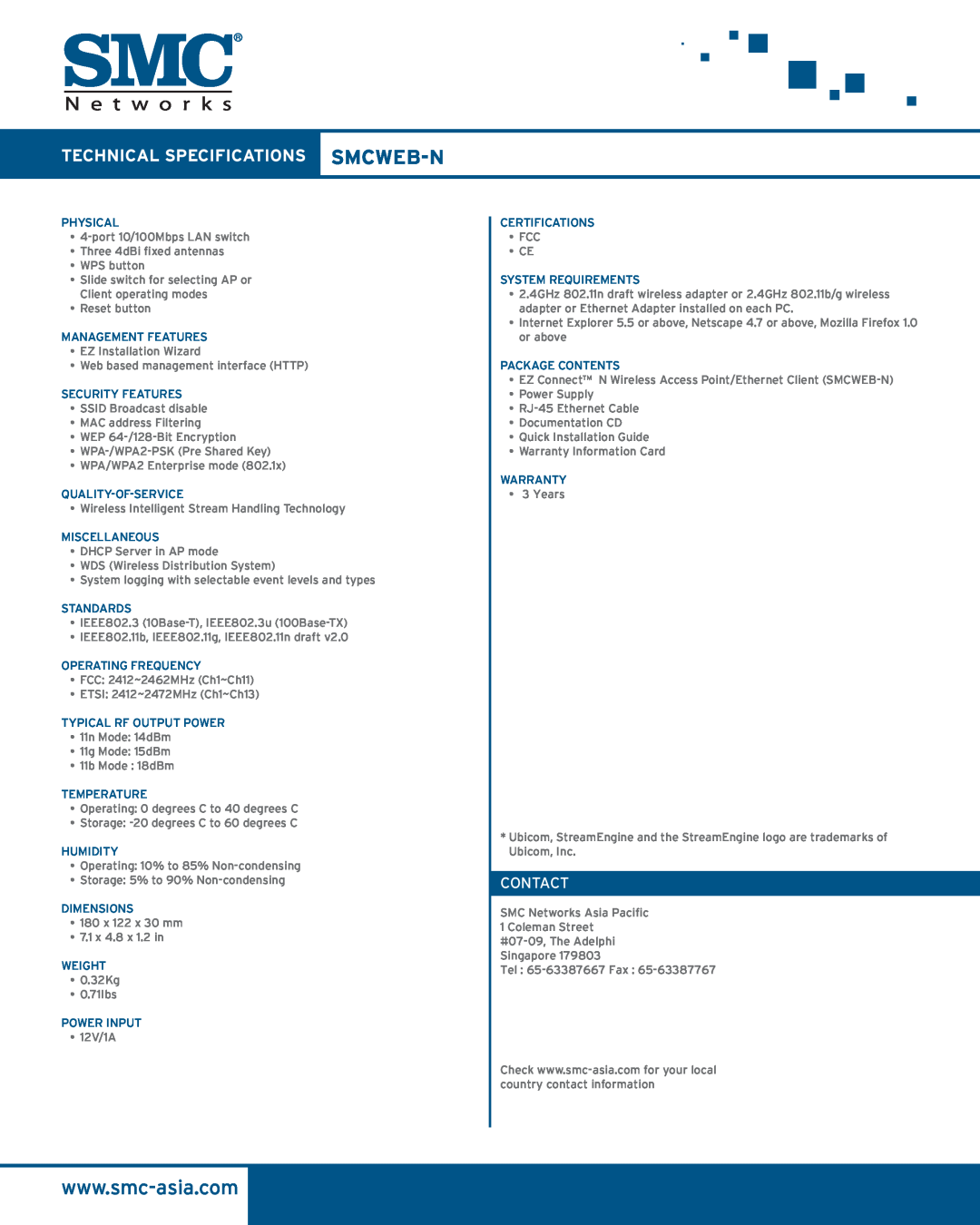 SMC Networks SMCWEB-N manual Technical Specifications Smcweb-N, Contact 