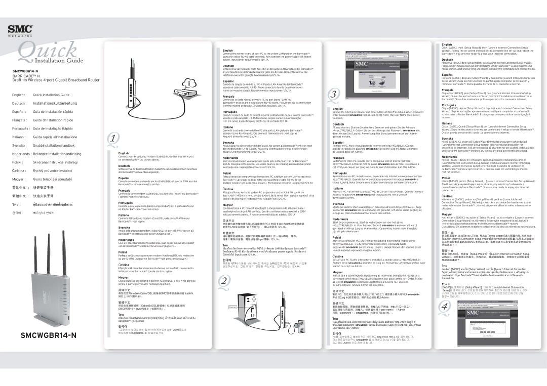 SMC Networks SMCWGBR14-N manual English, Deutsch, Español, Français, Português, Italiano, Svenska, Nederlands, Polski, 한국어 