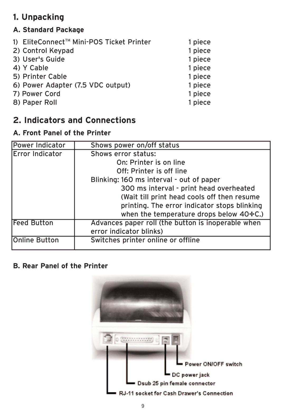 SMC Networks SMCWHS-POS manual Unpacking, Indicators and Connections, Standard Package, Front Panel of the Printer 