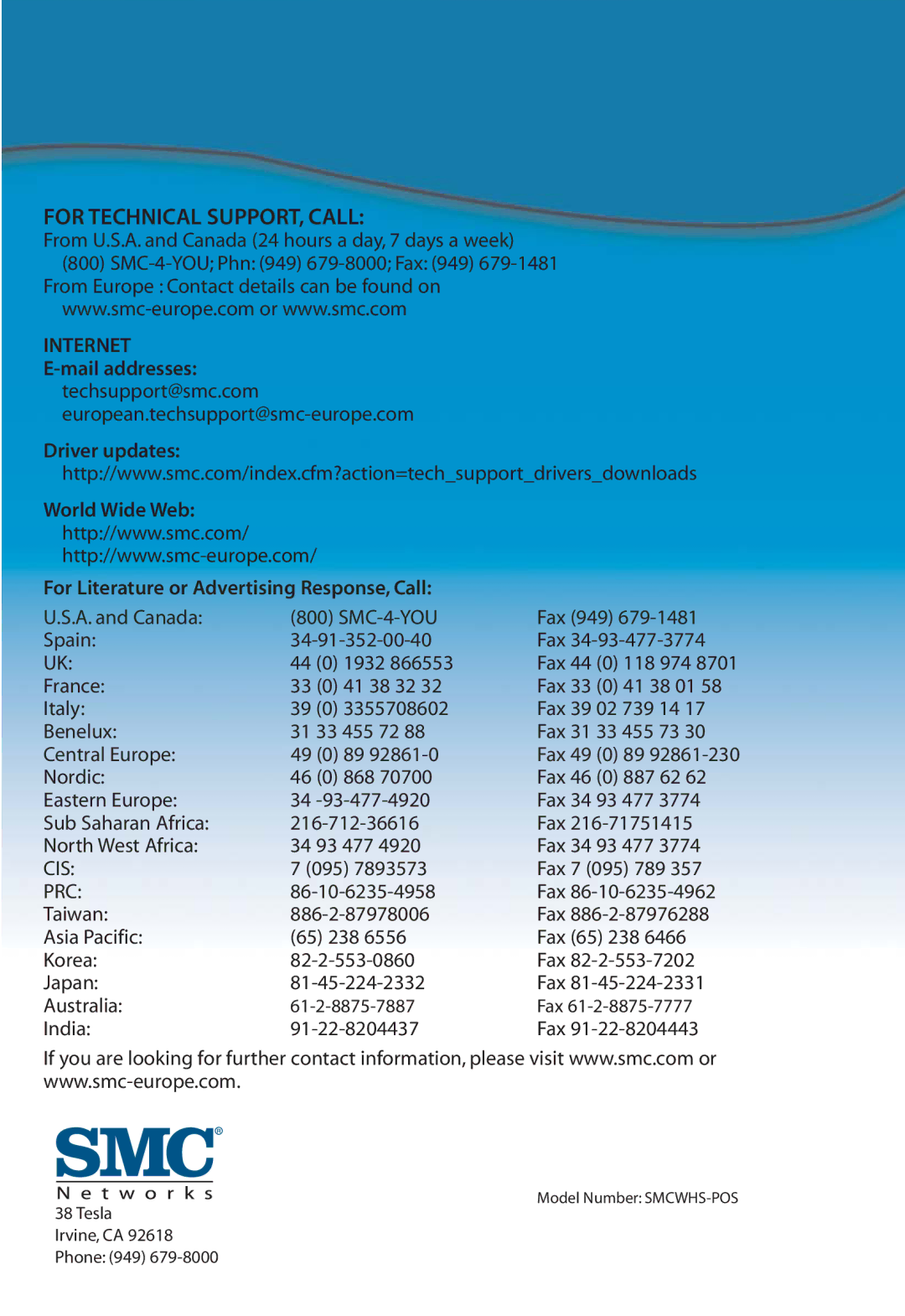 SMC Networks SMCWHS-POS manual For Technical SUPPORT, Call 