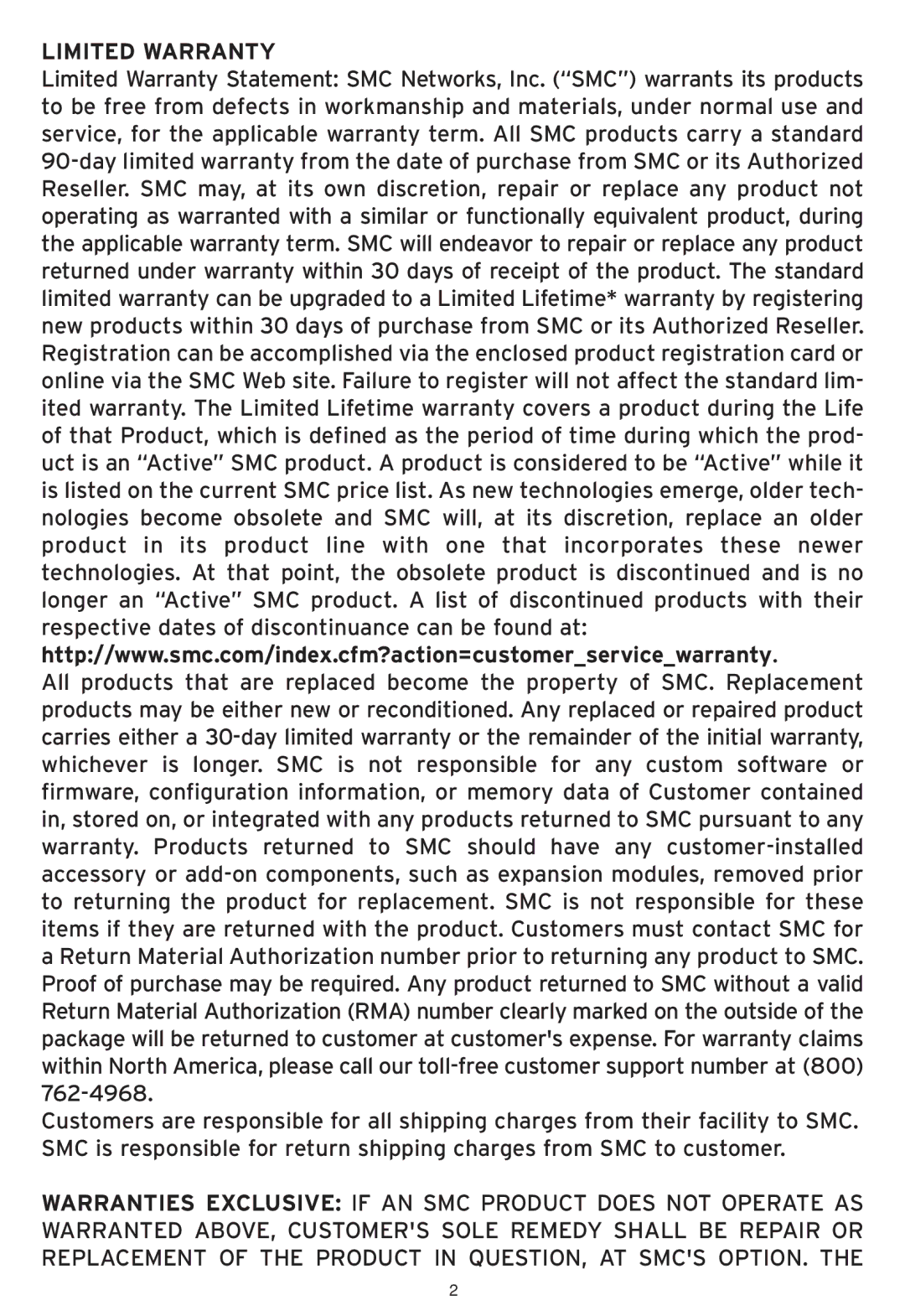 SMC Networks SMCWHS-POS manual Limited Warranty 