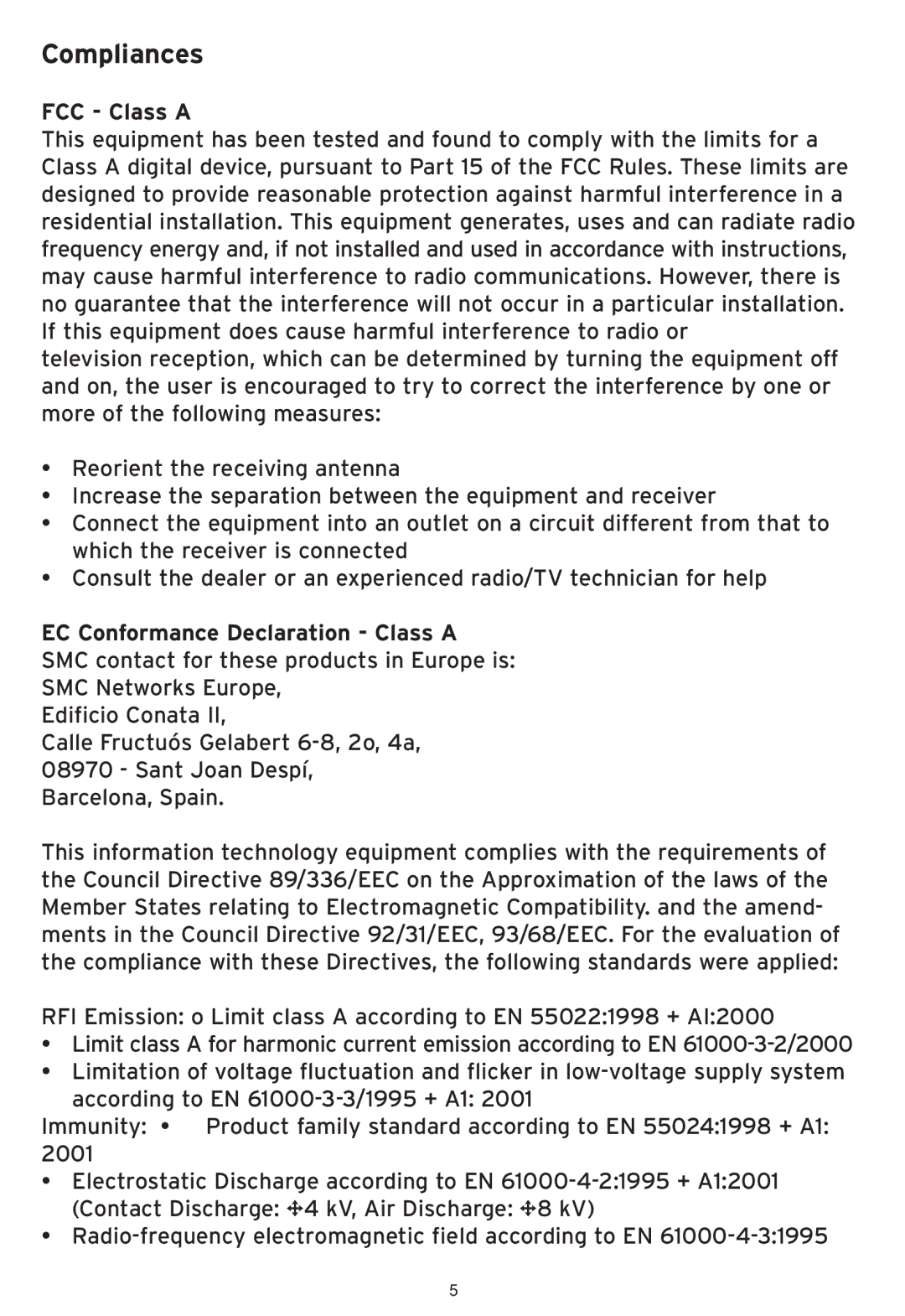 SMC Networks SMCWHS-POS manual Compliances, FCC Class a 