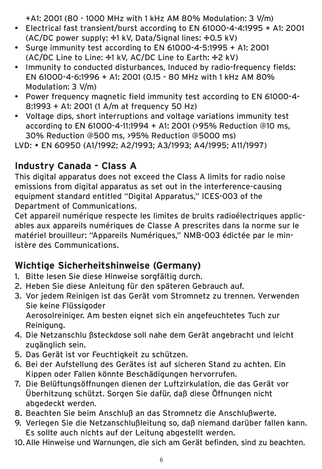 SMC Networks SMCWHS-POS manual Industry Canada Class a, Wichtige Sicherheitshinweise Germany 