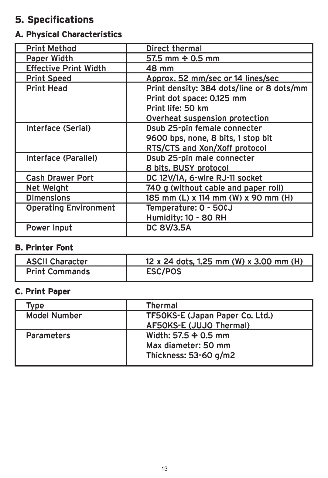 SMC Networks SMCWHS-POS manual Specifications, A. Physical Characteristics, B. Printer Font, C. Print Paper 