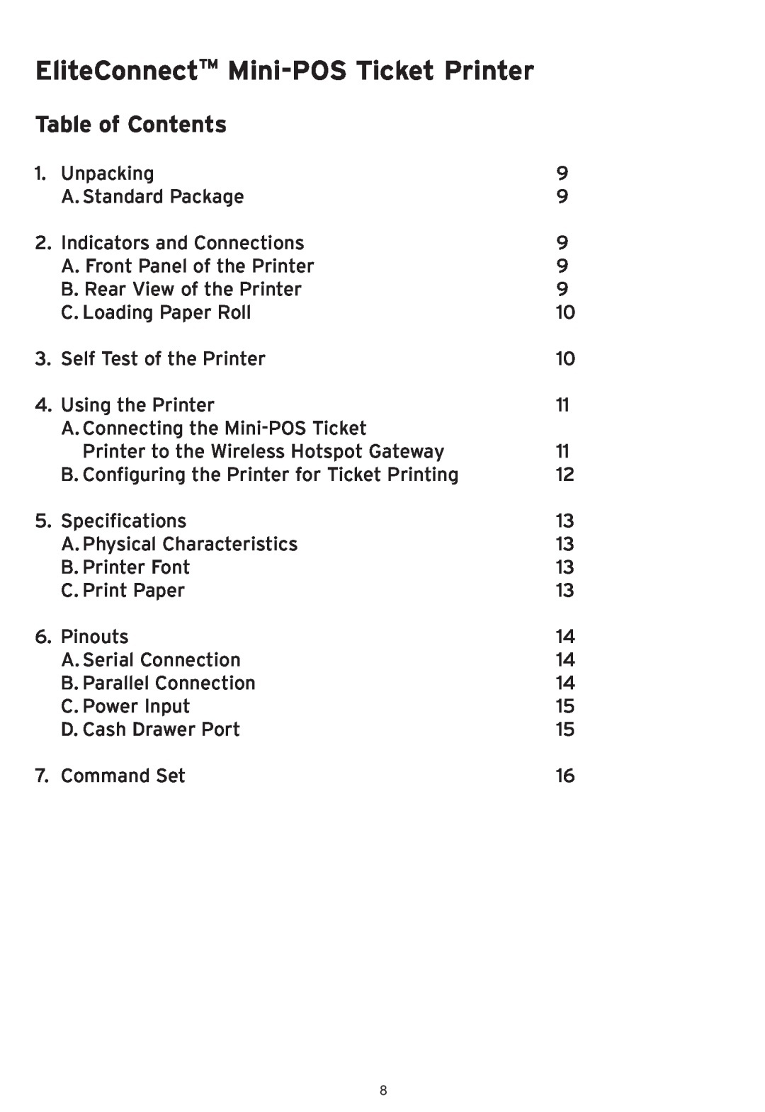 SMC Networks SMCWHS-POS manual Table of Contents, EliteConnectTM Mini-POS Ticket Printer 