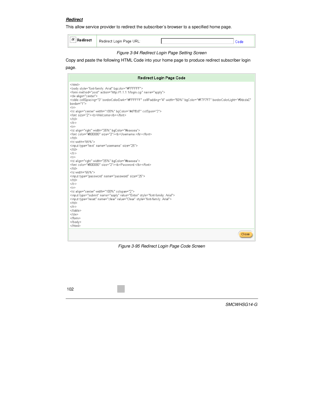 SMC Networks SMCWHSG14-G manual Redirect Login Page Setting Screen 