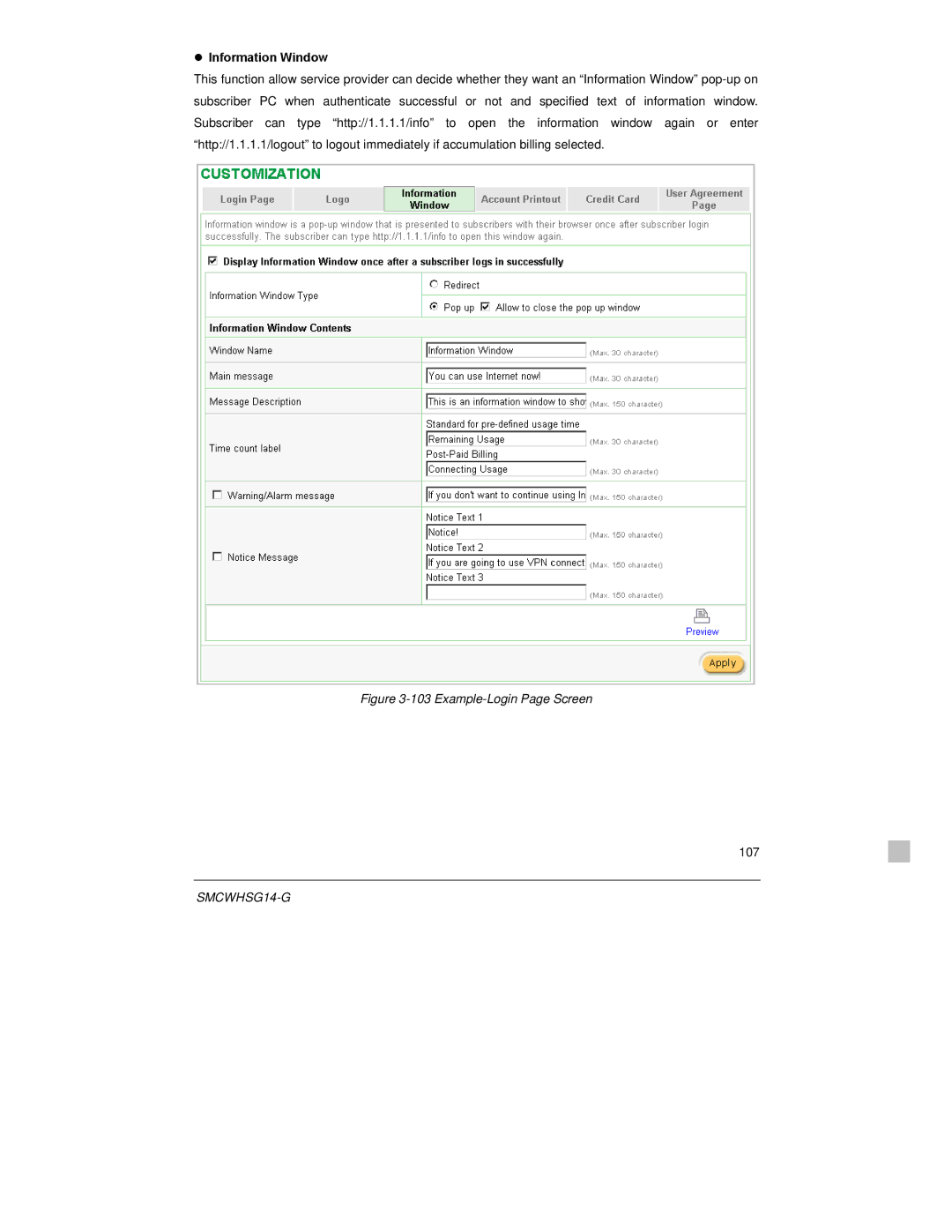 SMC Networks SMCWHSG14-G manual Information Window, Example-Login Page Screen 