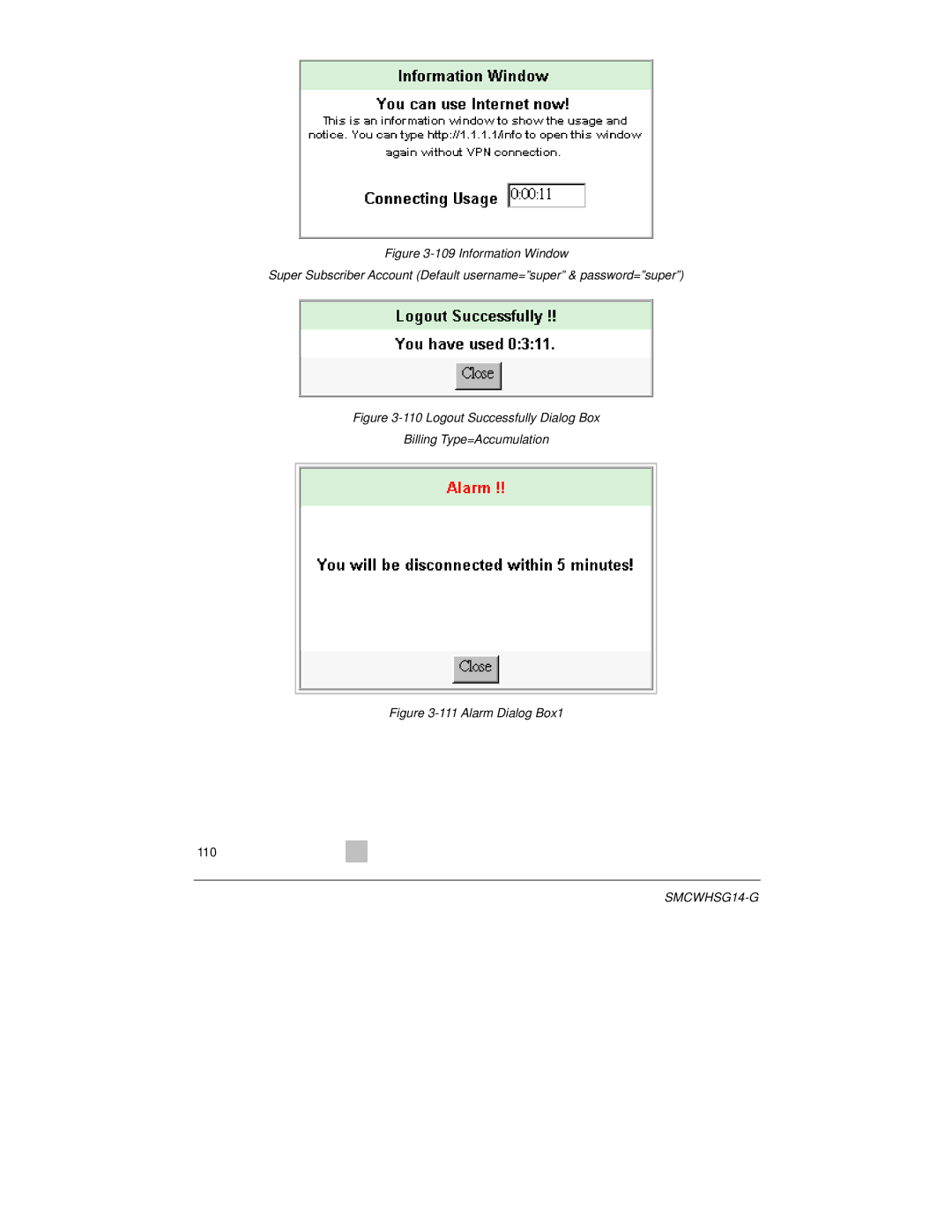 SMC Networks SMCWHSG14-G manual Logout Successfully Dialog Box Billing Type=Accumulation 