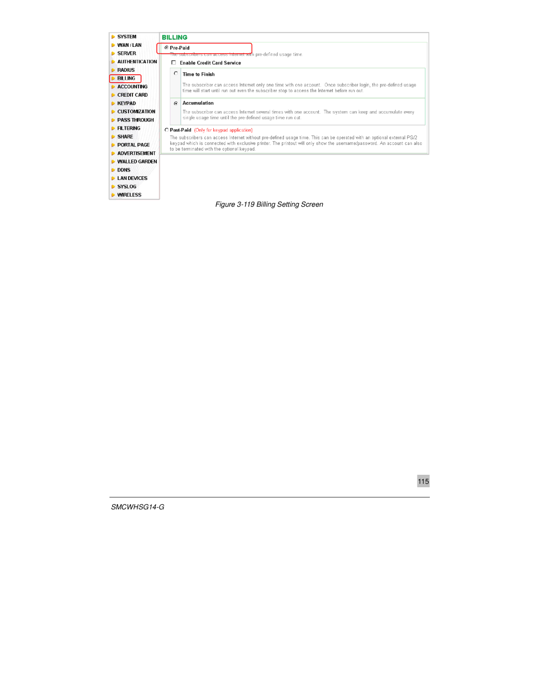 SMC Networks SMCWHSG14-G manual Billing Setting Screen 