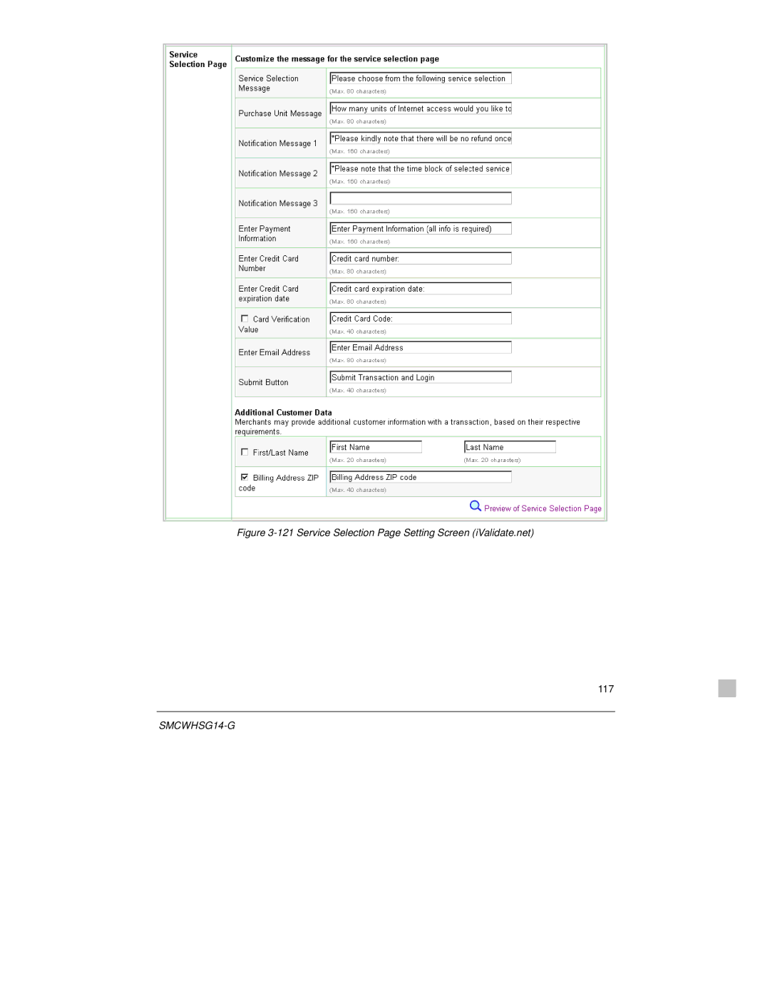 SMC Networks SMCWHSG14-G manual Service Selection Page Setting Screen iValidate.net 