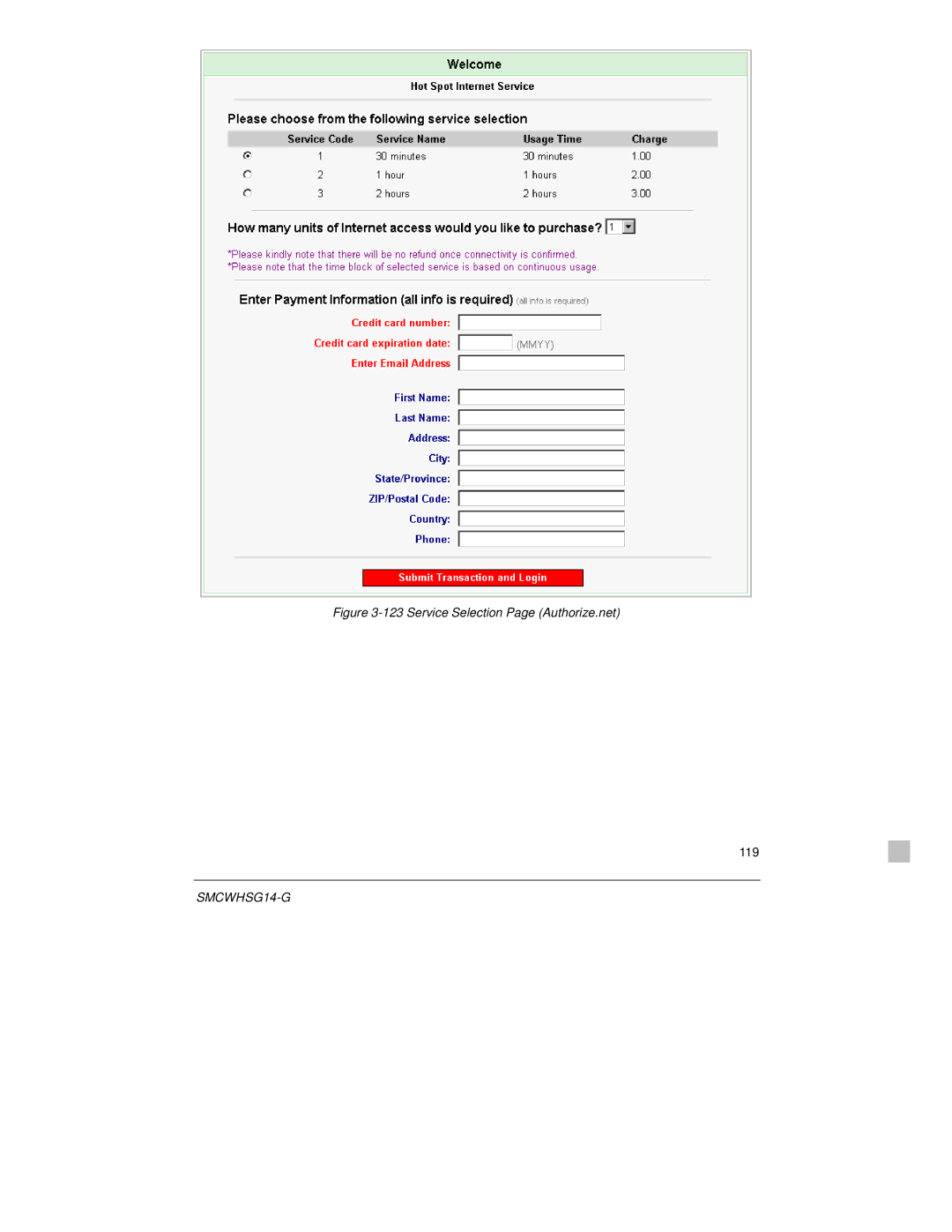 SMC Networks SMCWHSG14-G manual Service Selection Page Authorize.net 