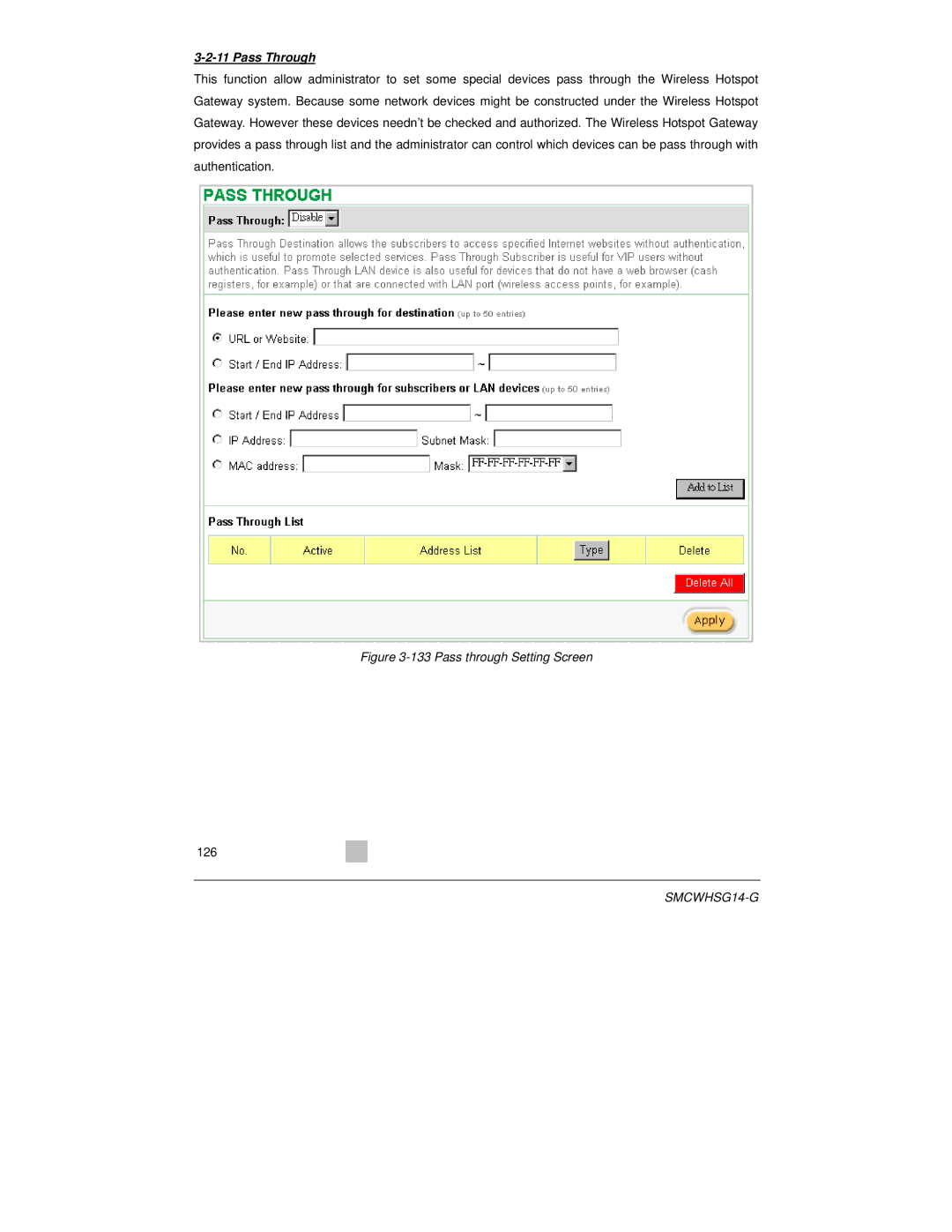 SMC Networks SMCWHSG14-G manual Pass Through, Pass through Setting Screen 