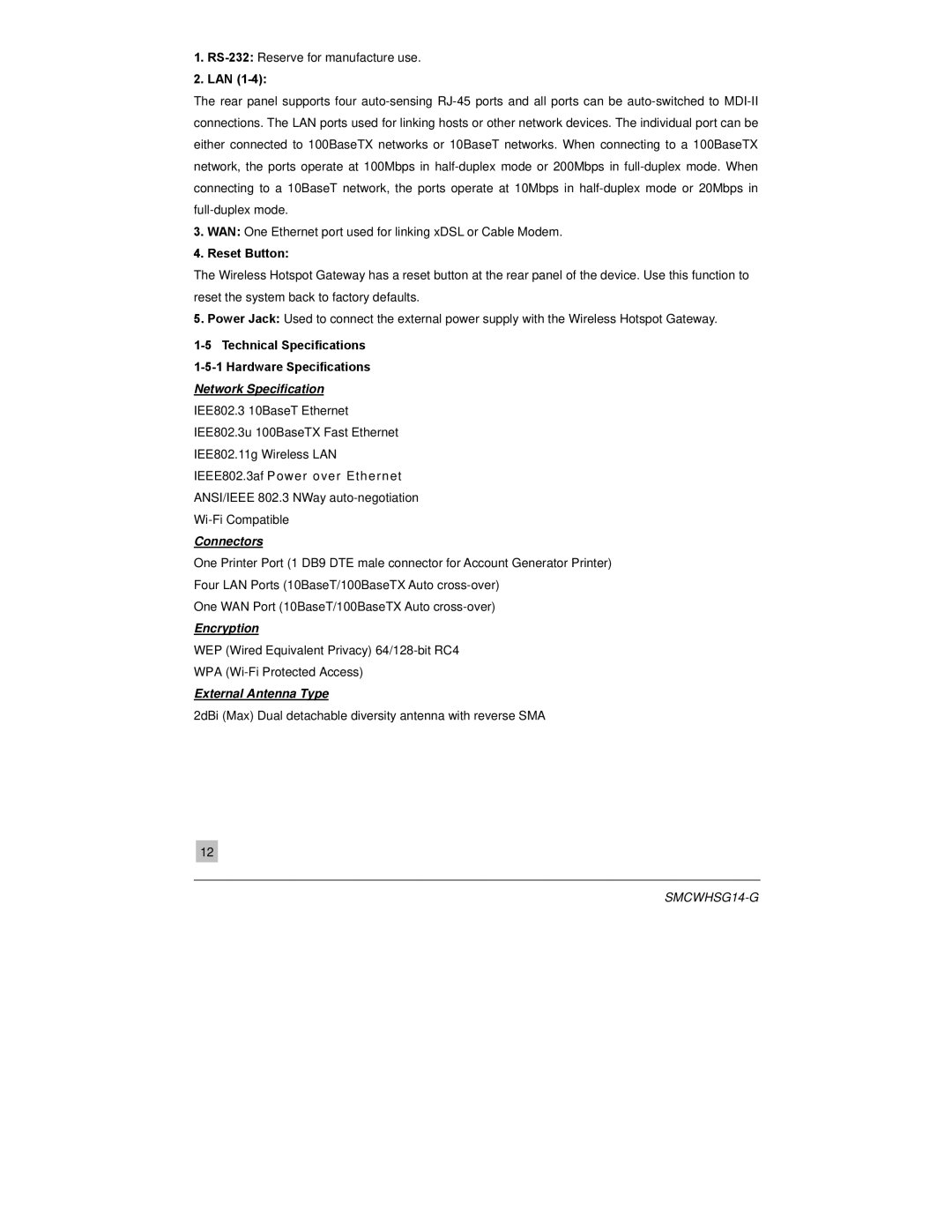 SMC Networks SMCWHSG14-G manual Network Specification, Connectors, Encryption, External Antenna Type 