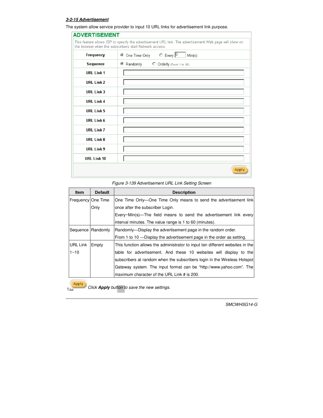 SMC Networks SMCWHSG14-G manual Advertisement URL Link Setting Screen 