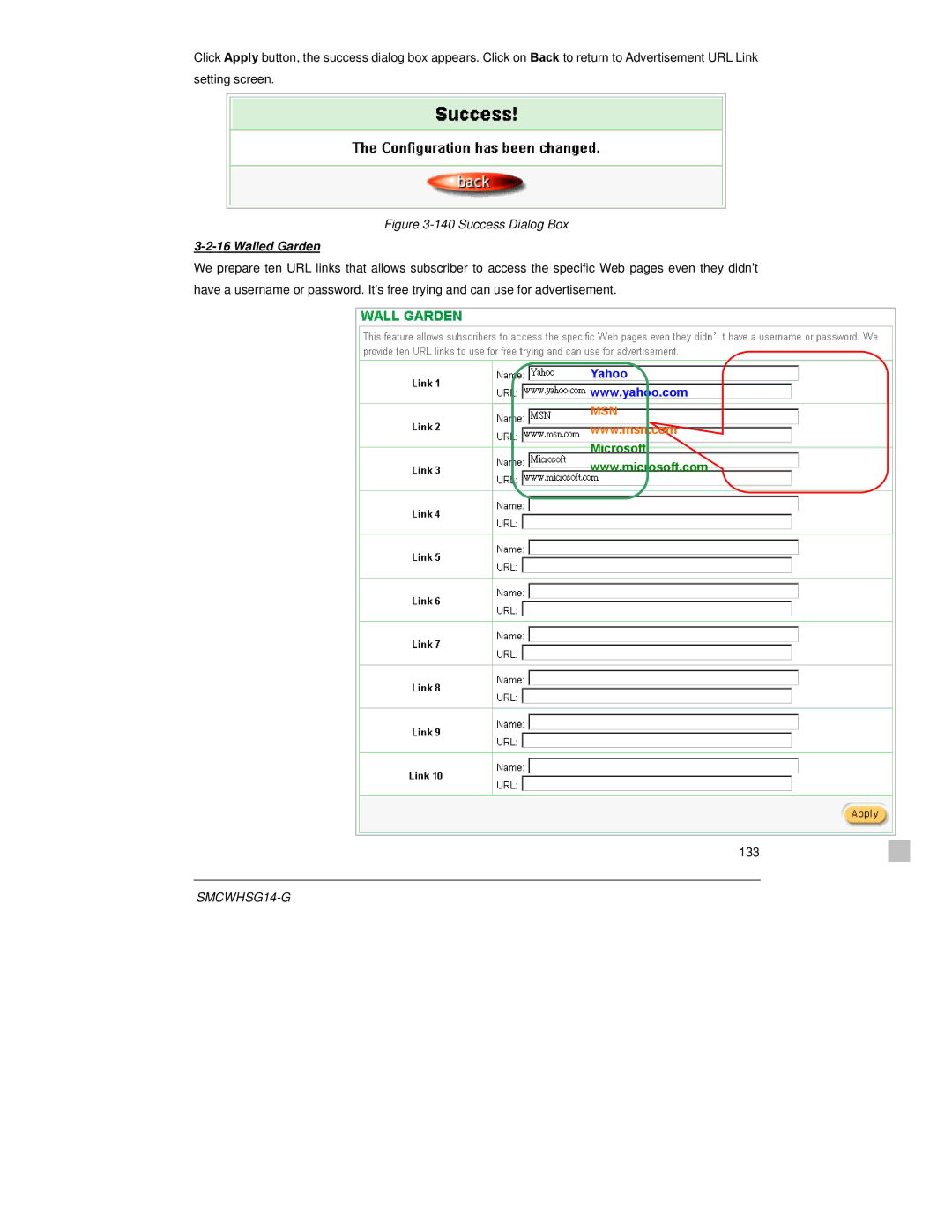 SMC Networks SMCWHSG14-G manual Success Dialog Box, Walled Garden 