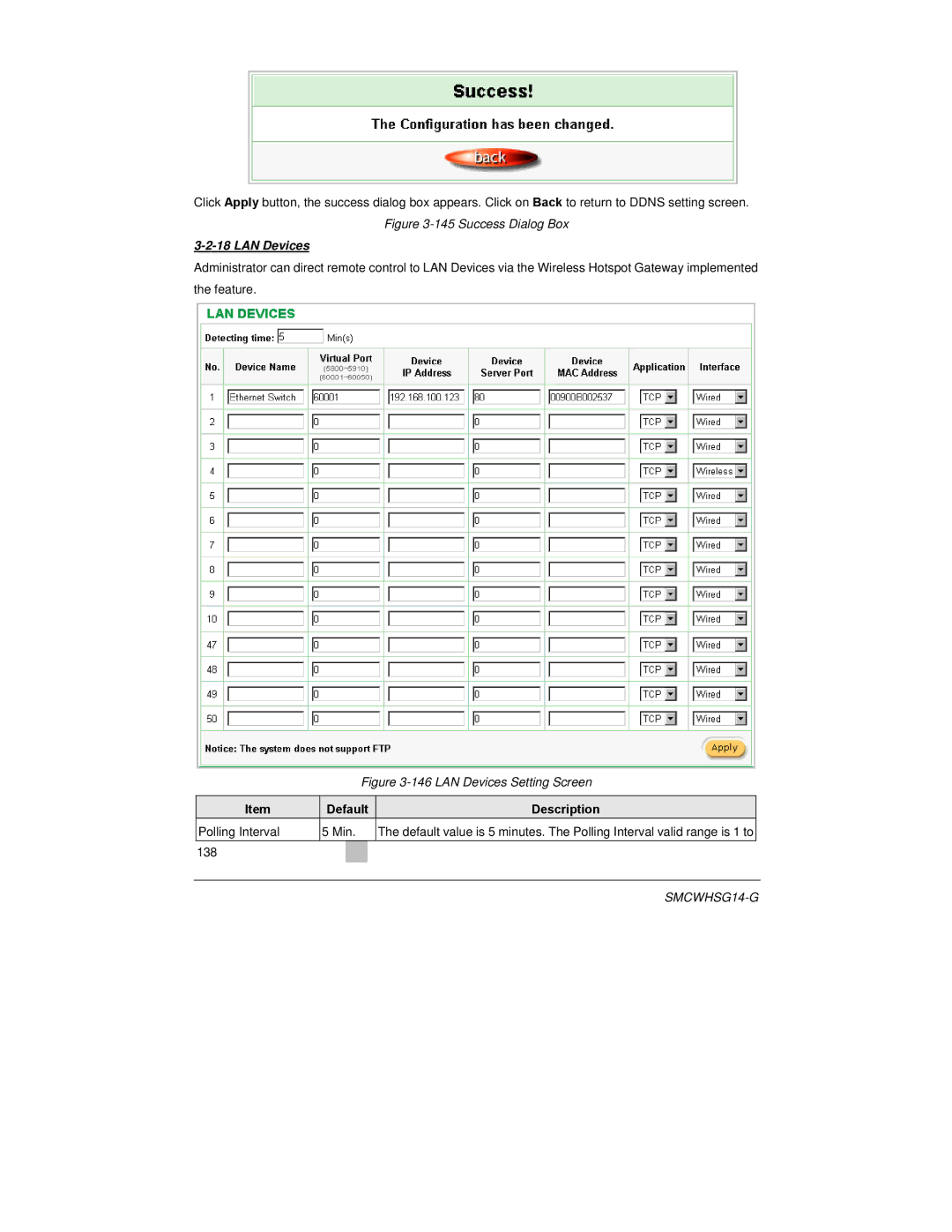 SMC Networks SMCWHSG14-G manual LAN Devices, Default Description Polling Interval Min, 138 