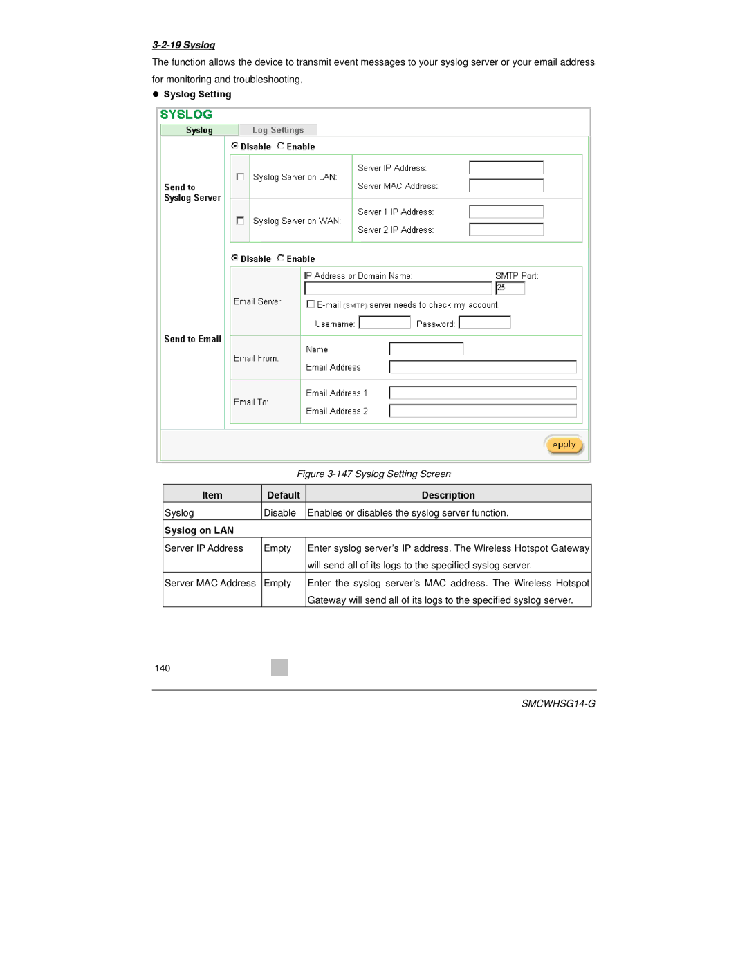 SMC Networks SMCWHSG14-G manual Syslog Setting, Syslog on LAN 