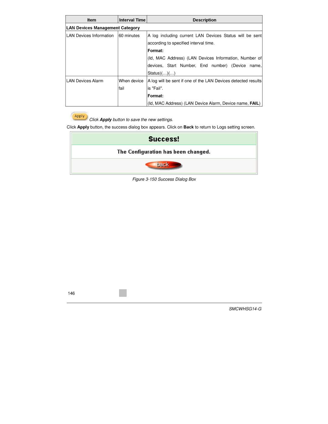 SMC Networks SMCWHSG14-G manual LAN Devices Management Category, Success Dialog Box 