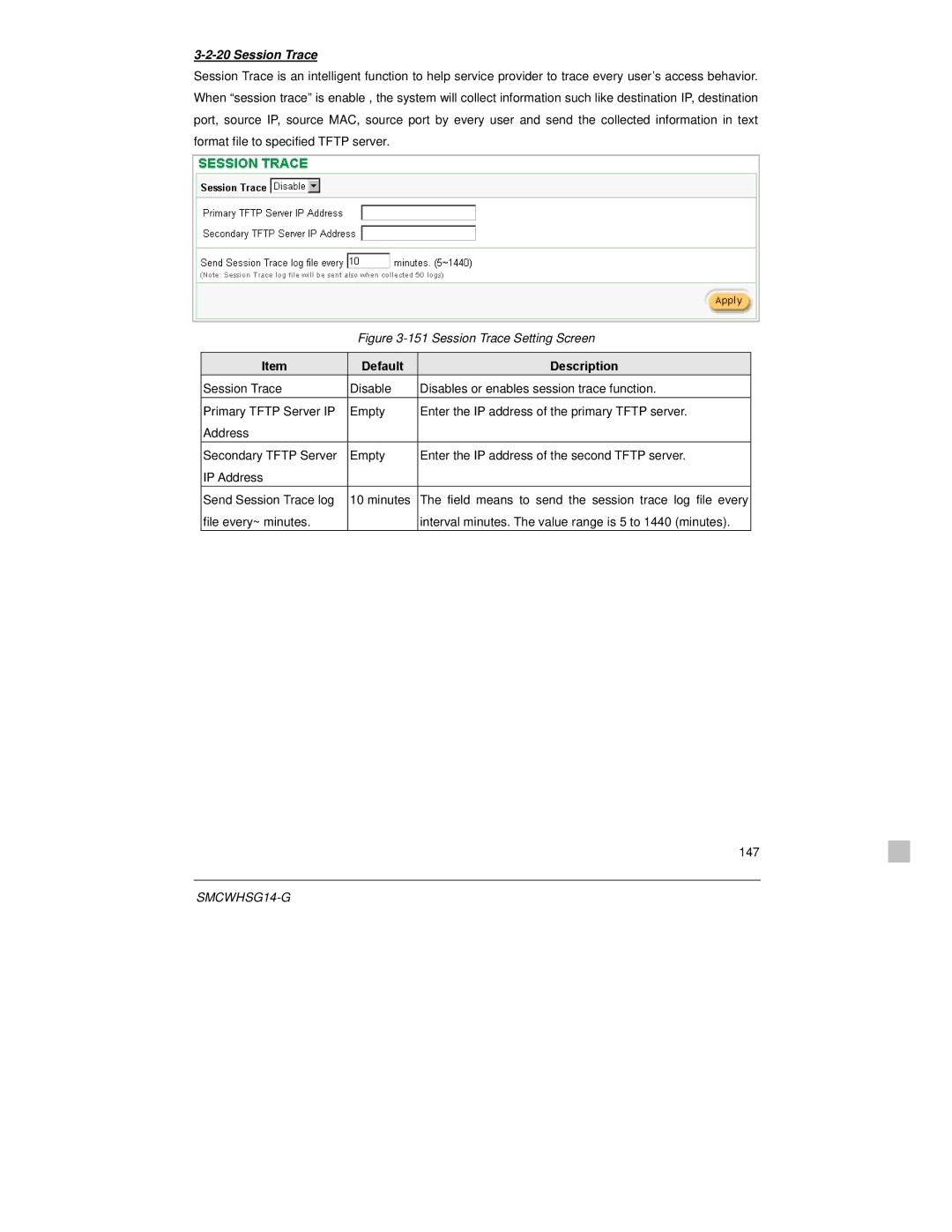 SMC Networks SMCWHSG14-G manual Session Trace Setting Screen 