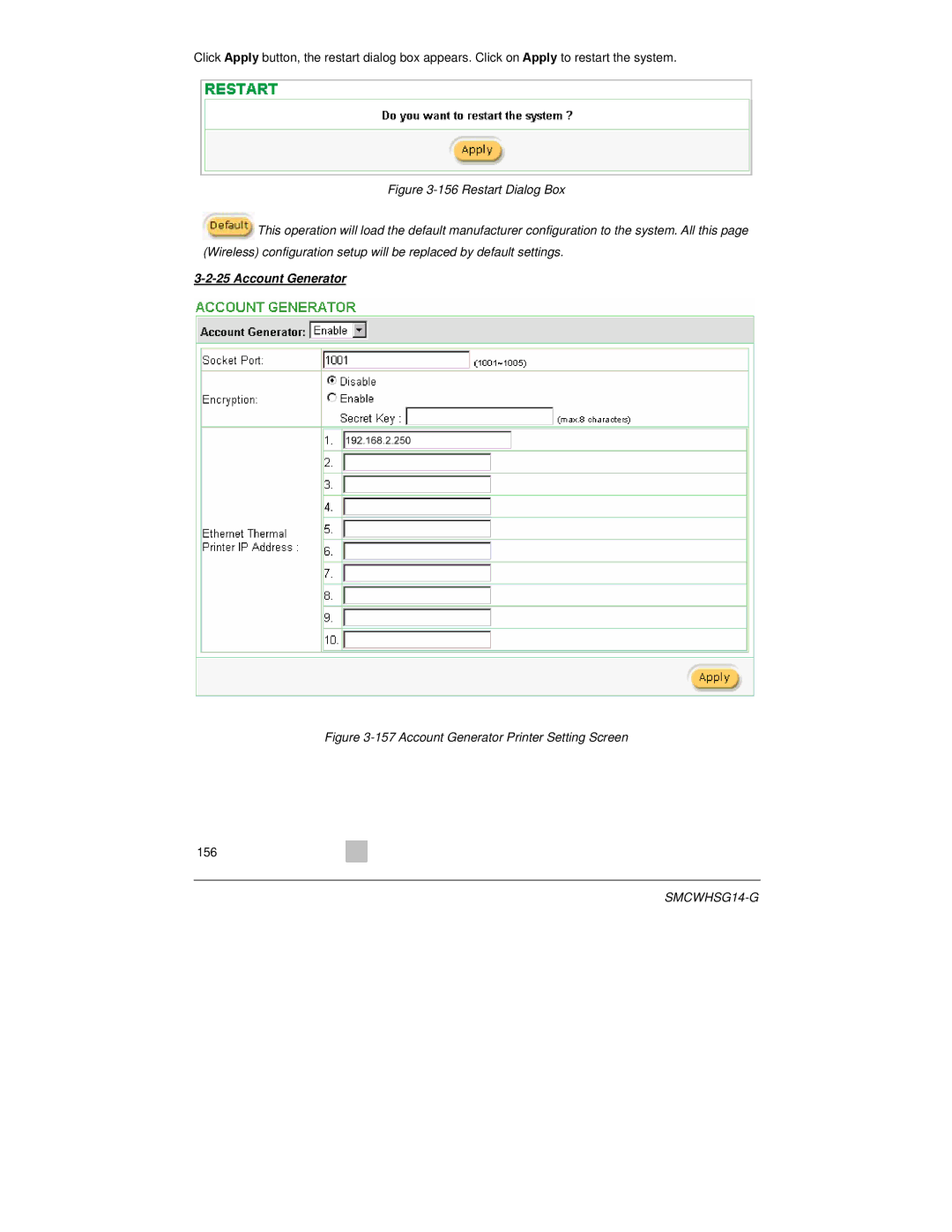 SMC Networks SMCWHSG14-G manual Account Generator Printer Setting Screen 