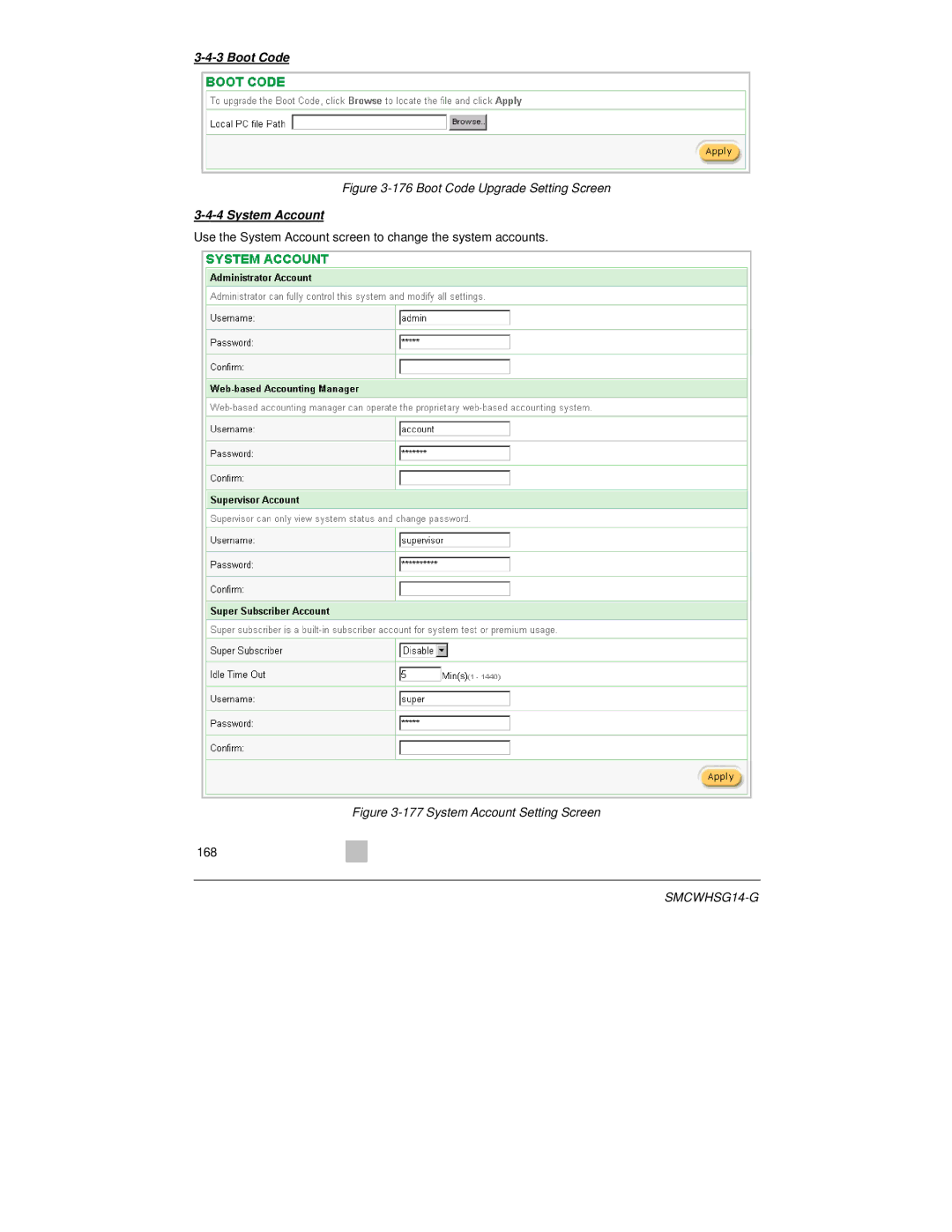 SMC Networks SMCWHSG14-G manual Boot Code, System Account 