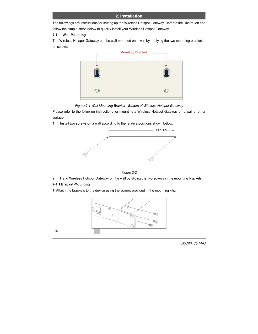 SMC Networks SMCWHSG14-G manual Wall-Mounting, Bracket-Mounting 