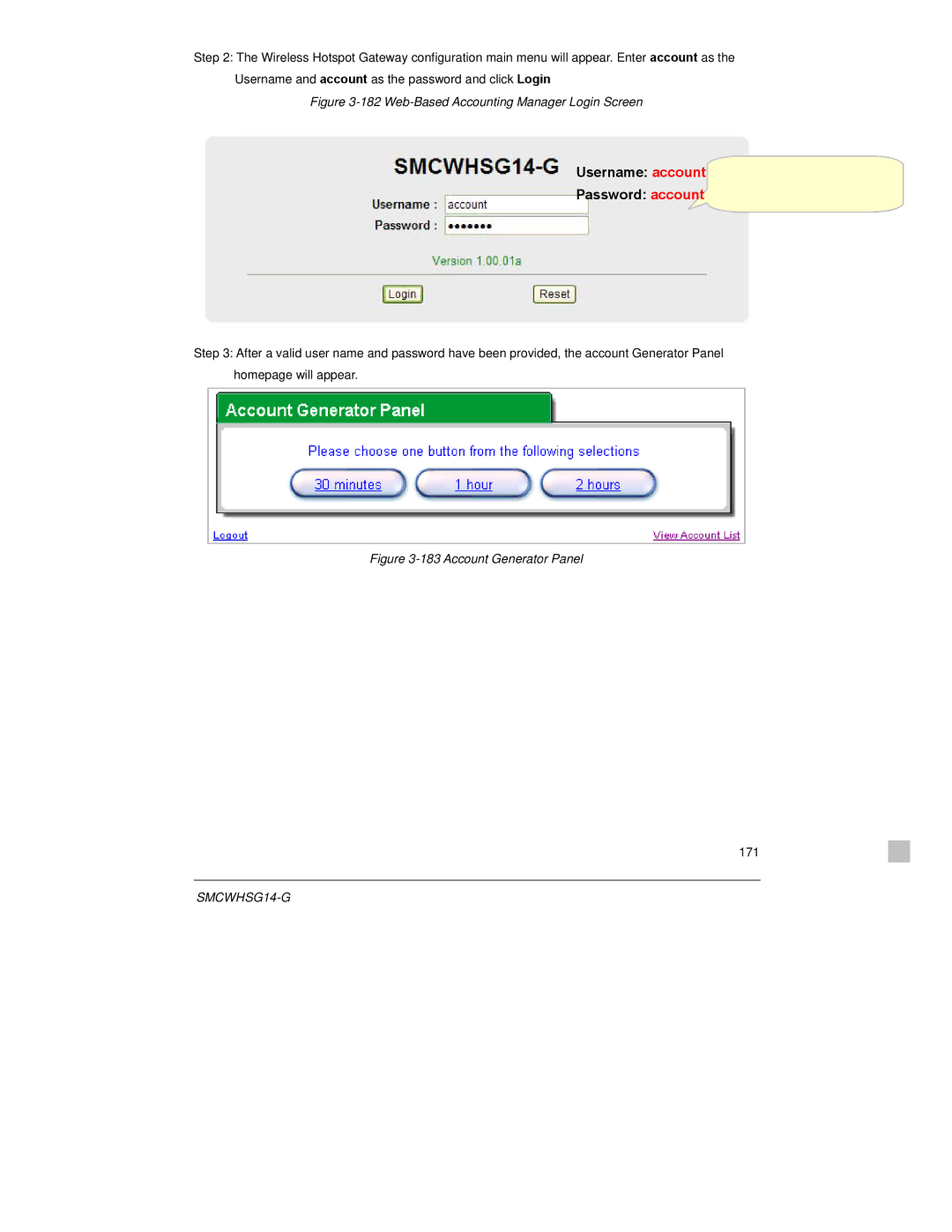 SMC Networks SMCWHSG14-G manual Username account Password account 