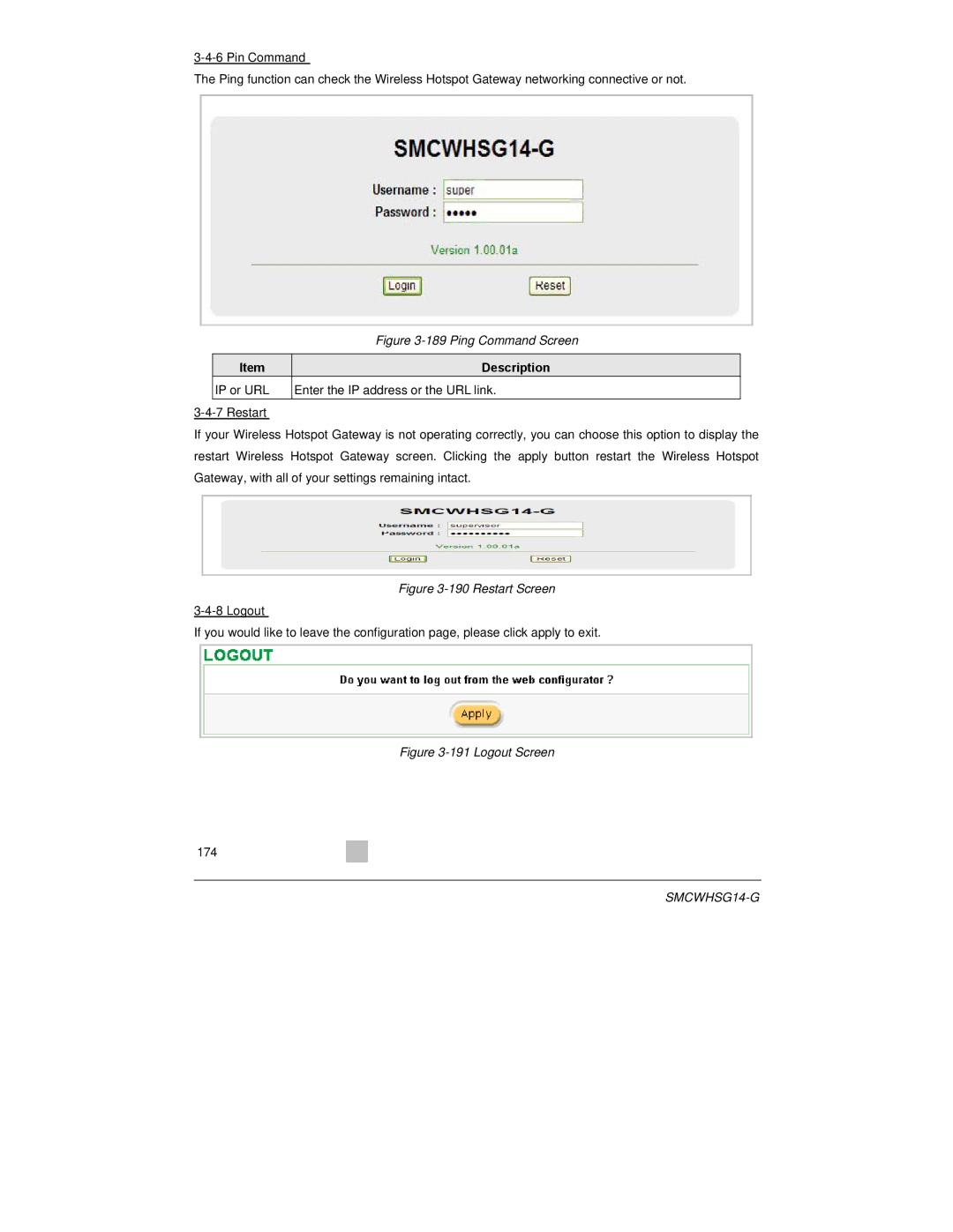 SMC Networks SMCWHSG14-G manual Pin Command, Restart, Logout 