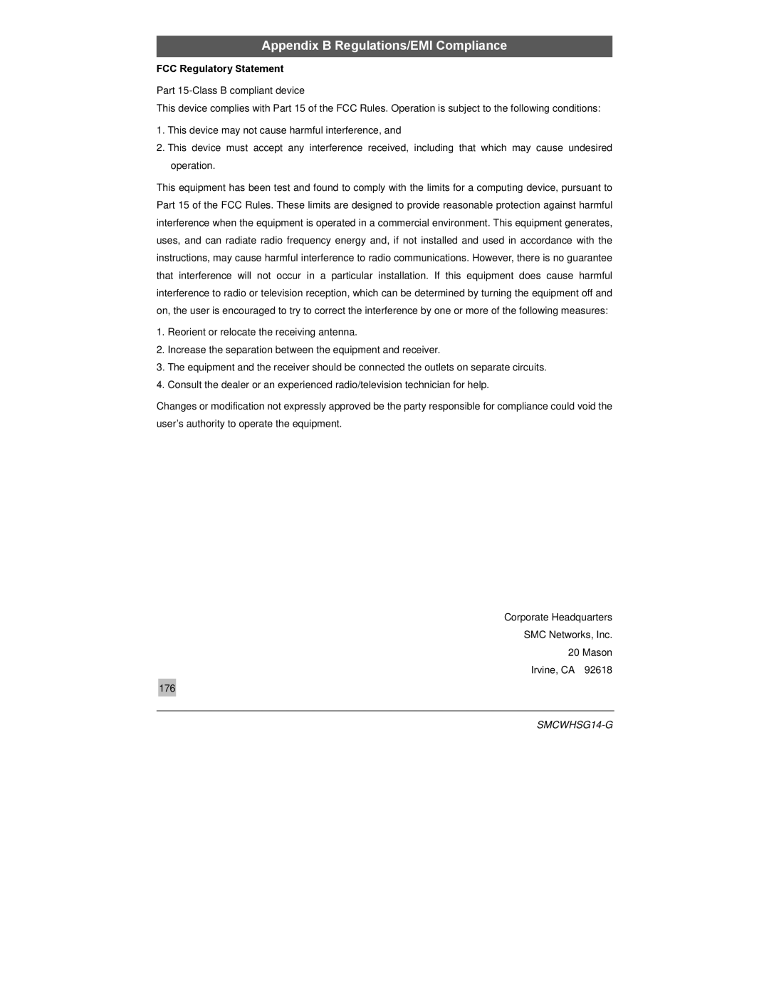 SMC Networks SMCWHSG14-G manual Appendix B Regulations/EMI Compliance, FCC Regulatory Statement 