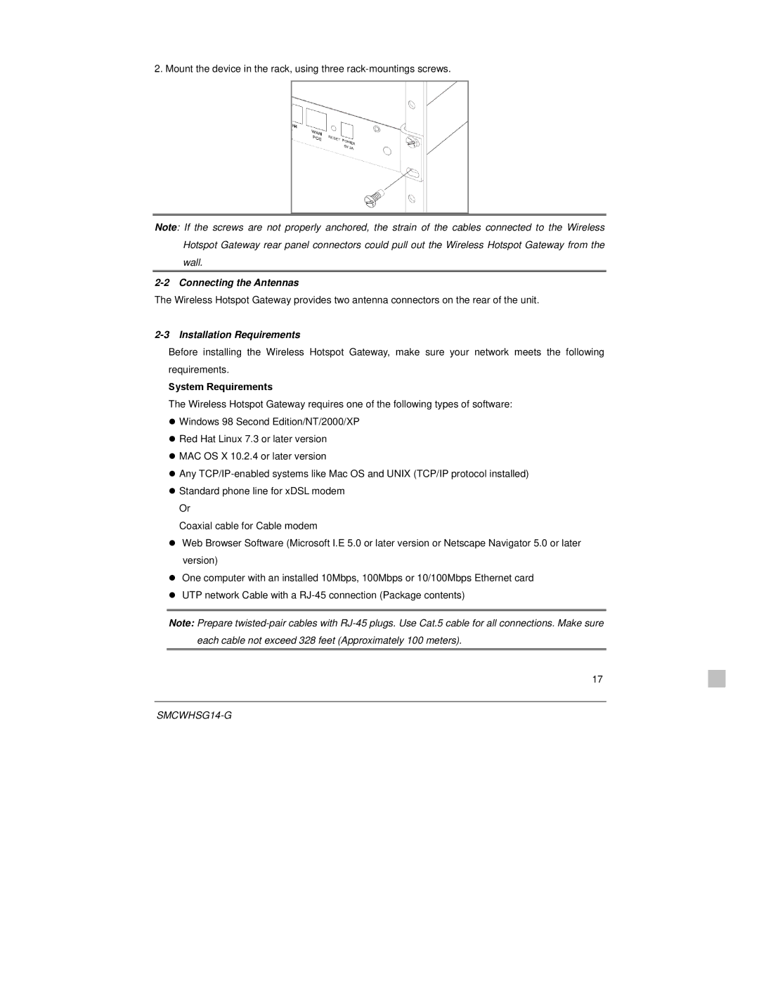 SMC Networks SMCWHSG14-G manual Connecting the Antennas, Installation Requirements, System Requirements 