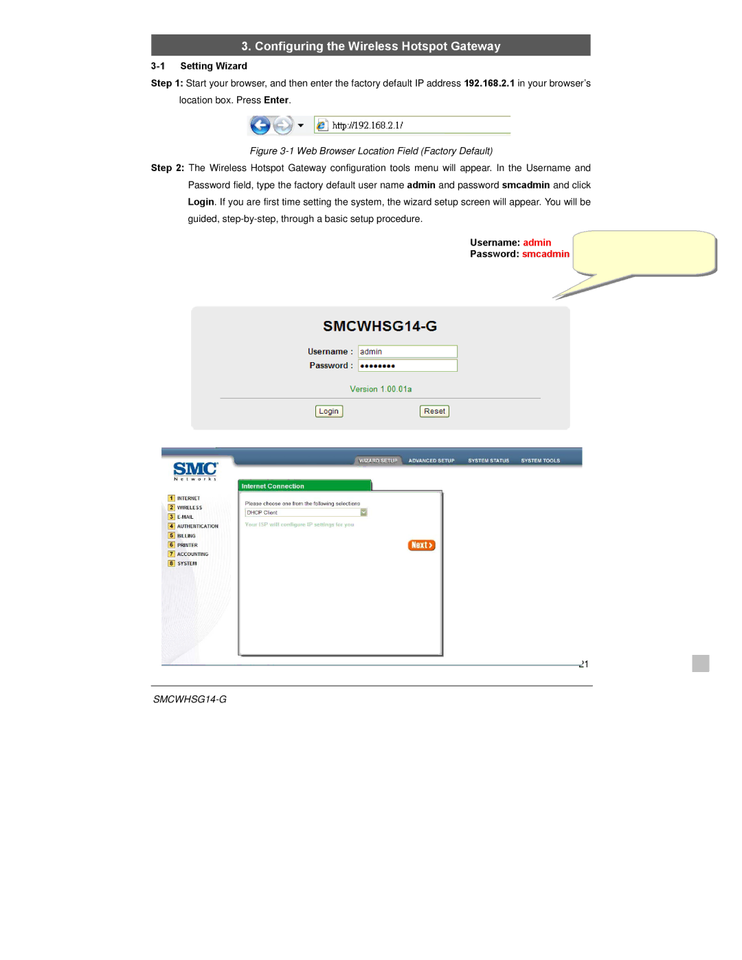 SMC Networks SMCWHSG14-G manual Setting Wizard, Username admin Password smcadmin 