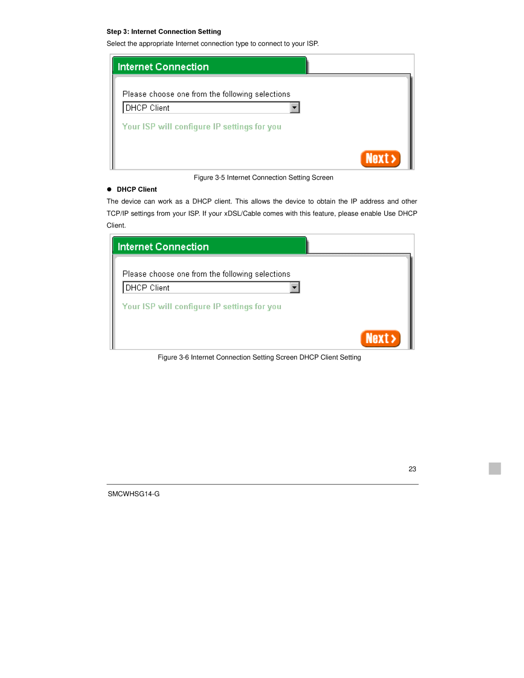 SMC Networks SMCWHSG14-G manual Internet Connection Setting, Dhcp Client 