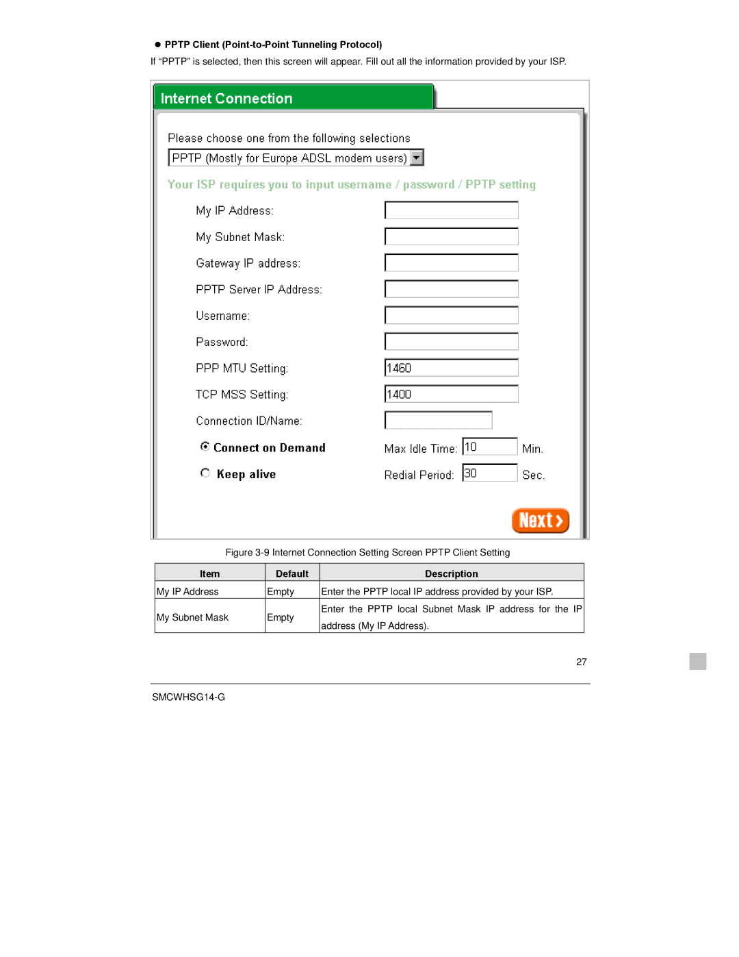 SMC Networks SMCWHSG14-G manual Pptp Client Point-to-Point Tunneling Protocol 