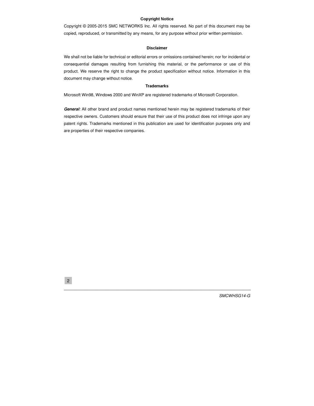 SMC Networks SMCWHSG14-G manual Copyright Notice, Disclaimer, Trademarks 