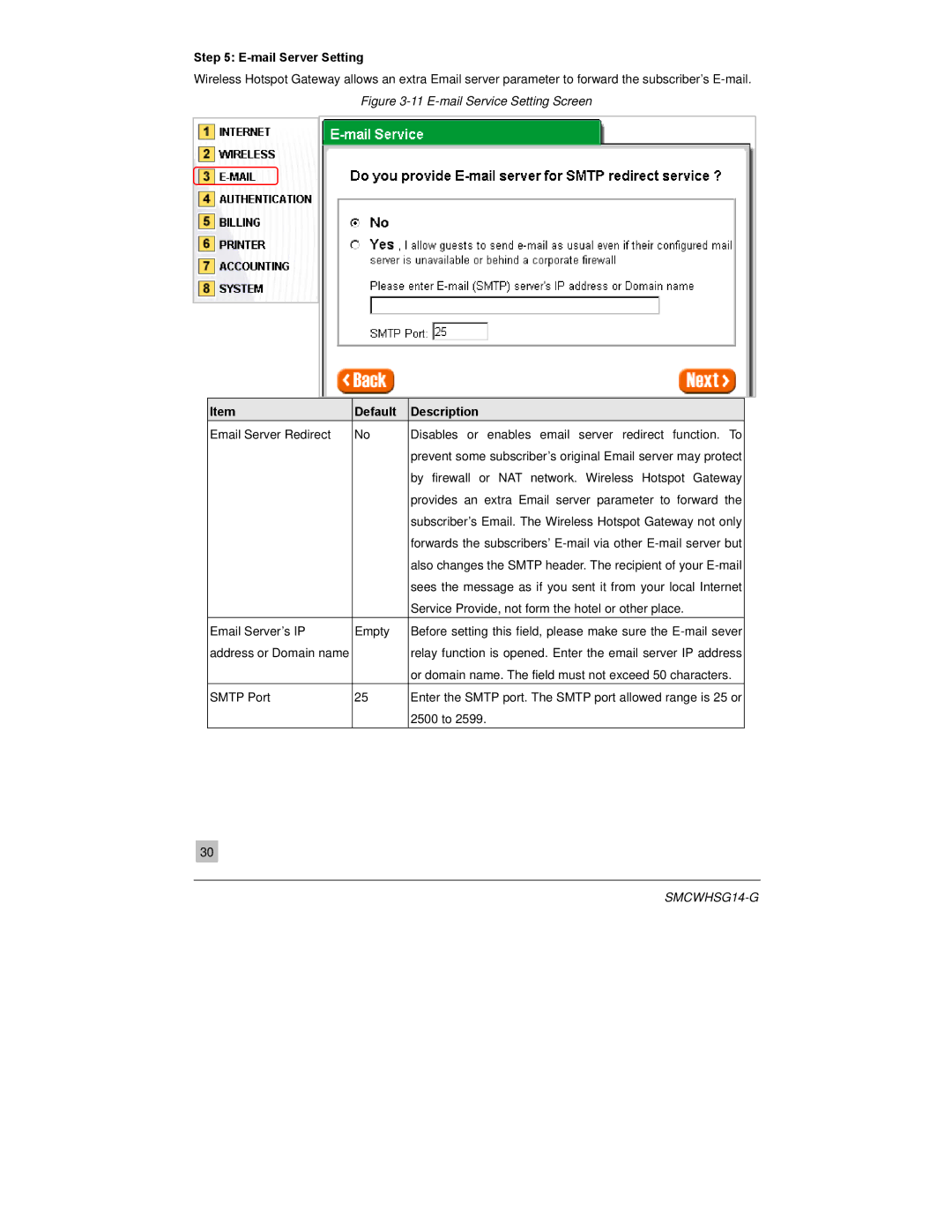 SMC Networks SMCWHSG14-G manual Mail Server Setting, E-mail Service Setting Screen 