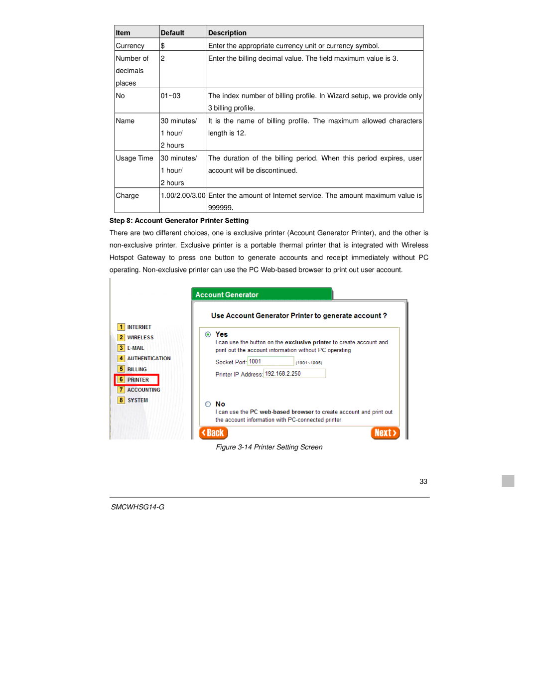 SMC Networks SMCWHSG14-G manual Account Generator Printer Setting, Printer Setting Screen 