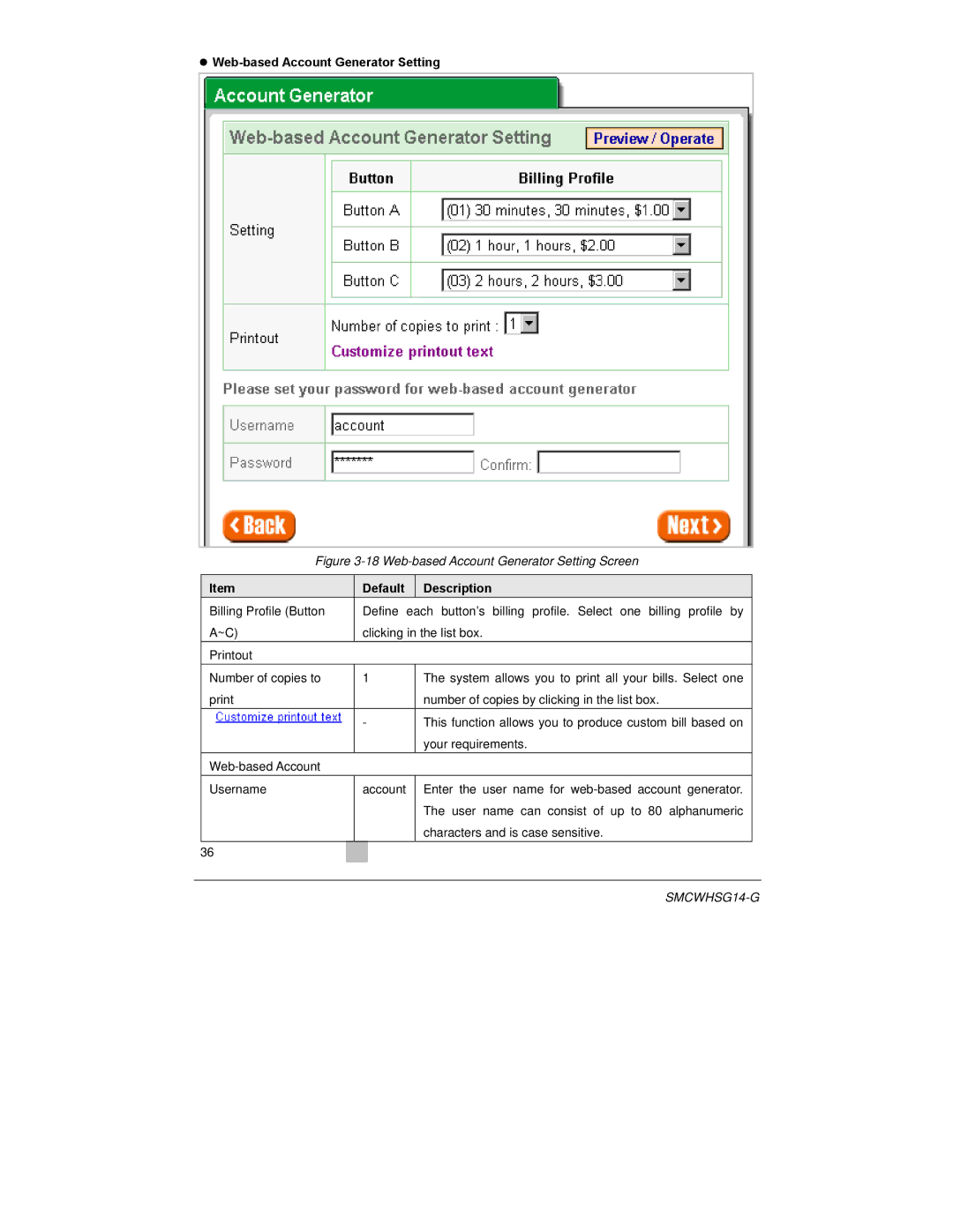 SMC Networks SMCWHSG14-G manual Web-based Account Generator Setting Screen 