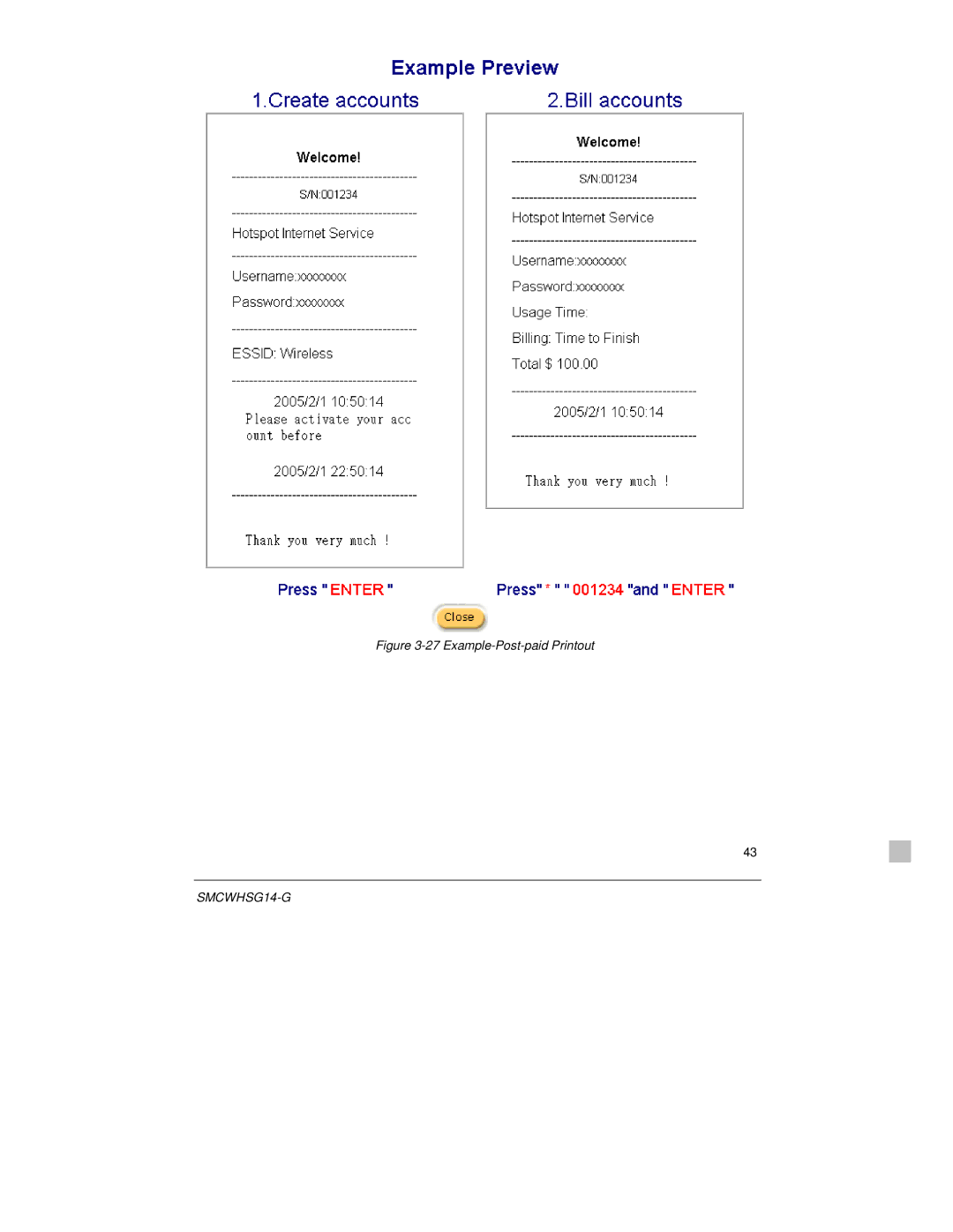 SMC Networks SMCWHSG14-G manual Example-Post-paid Printout 