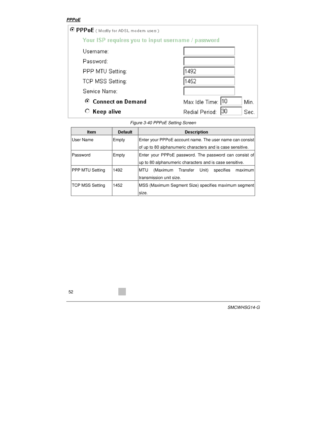 SMC Networks SMCWHSG14-G manual PPPoE Setting Screen 