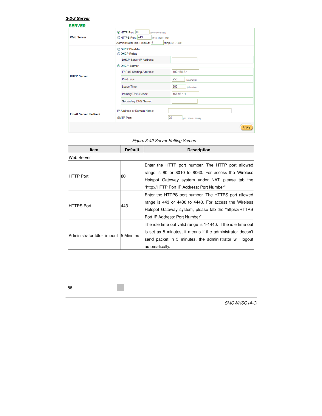 SMC Networks SMCWHSG14-G manual Server Setting Screen 