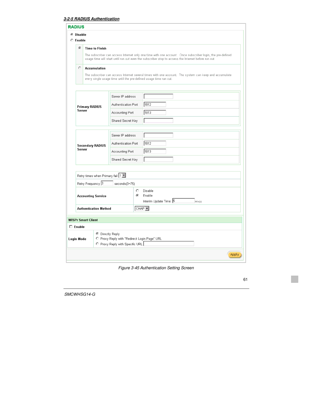 SMC Networks SMCWHSG14-G manual Radius Authentication, Authentication Setting Screen 