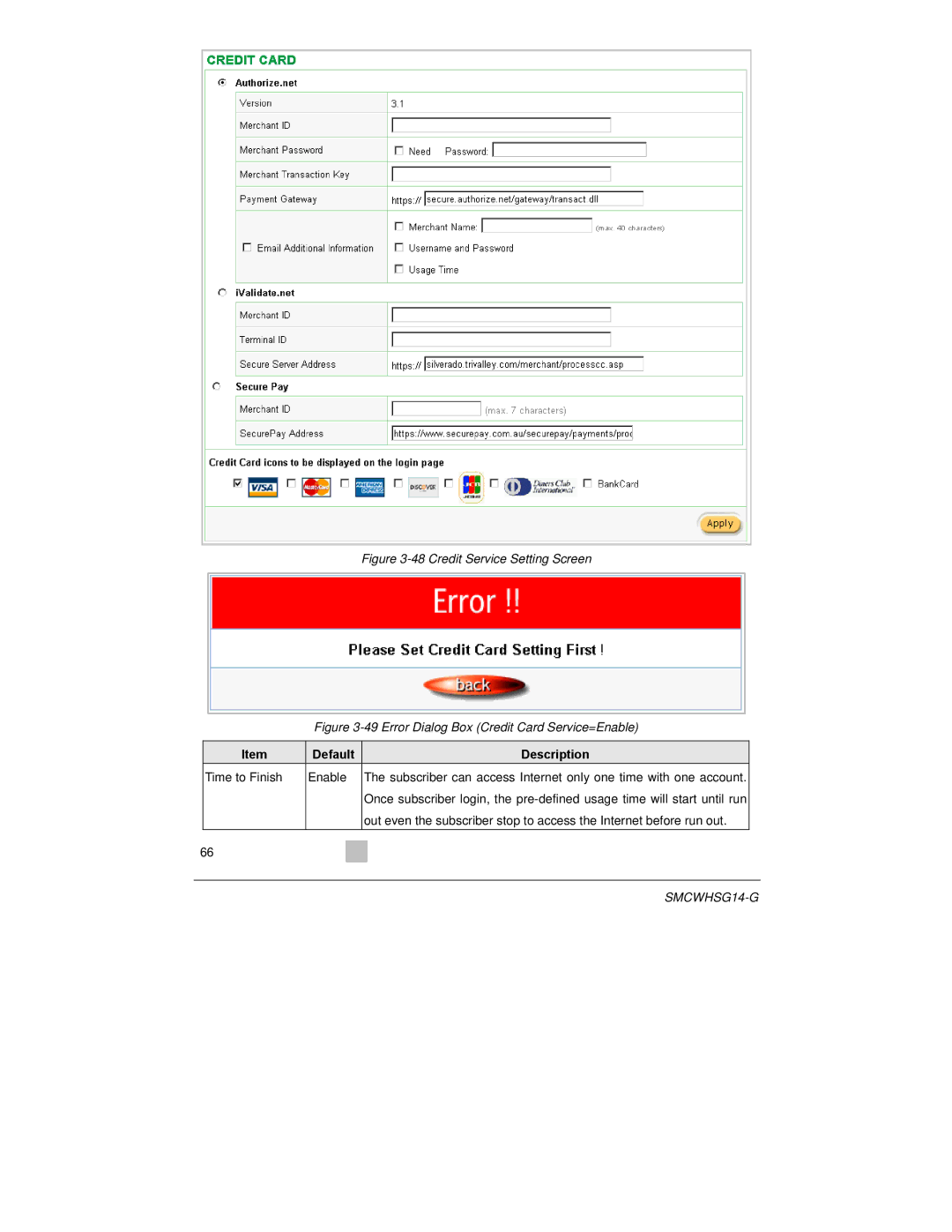 SMC Networks SMCWHSG14-G manual Credit Service Setting Screen 