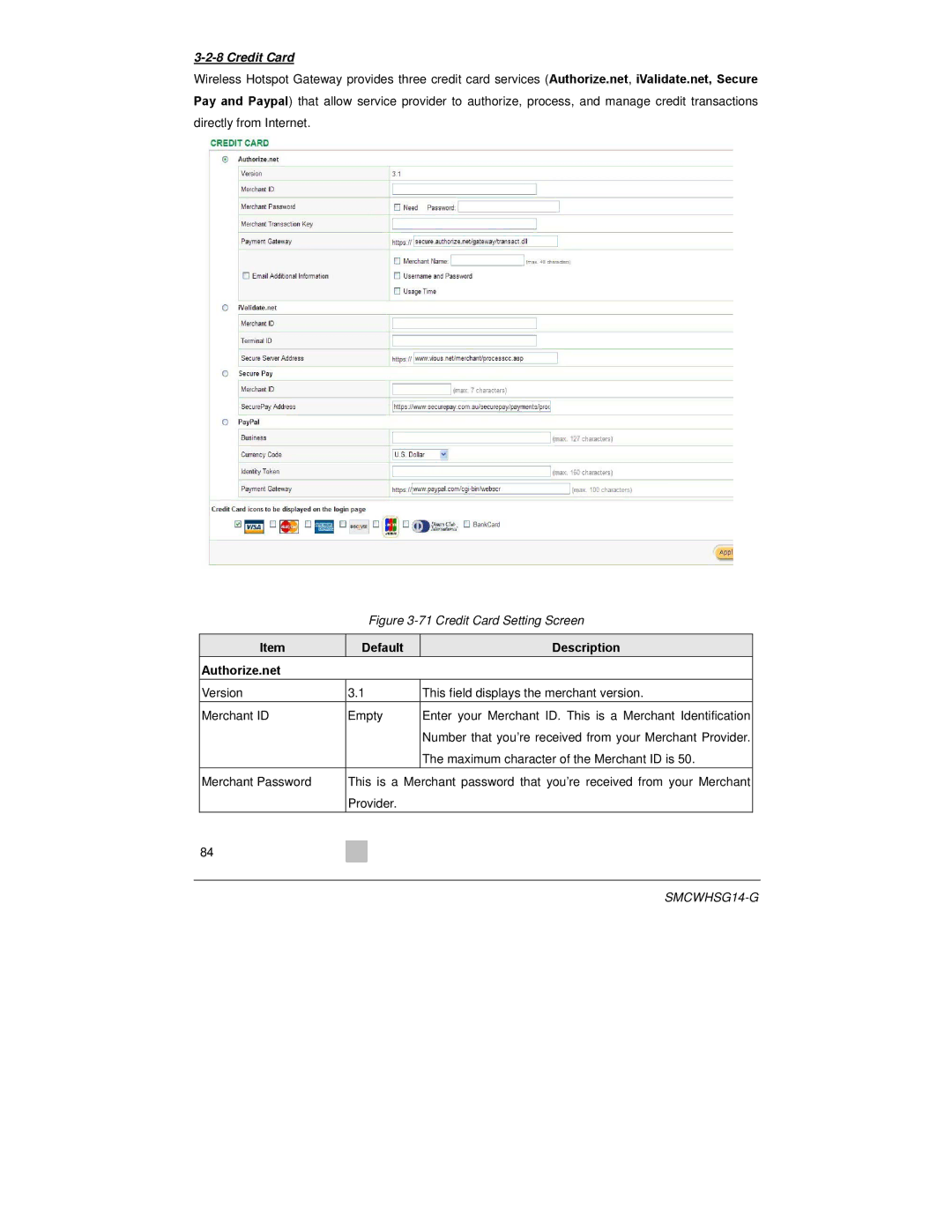 SMC Networks SMCWHSG14-G manual Credit Card, Default Description Authorize.net 